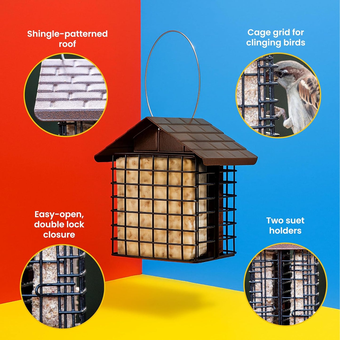More Birds Double Suet Feeder with Weather Guard, 6.5" L X 4.25" W X 7.25" H, Brown