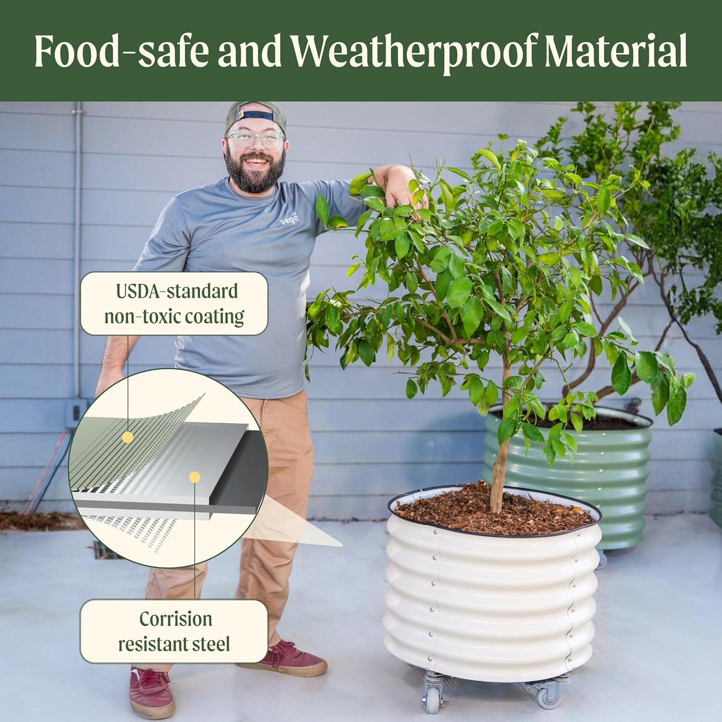 Rolling Metal Citrus Tree Planter Pot, 24″ Round Planter Box for Porch Patio & Backyard, 30 Gallon Large Planter Pot with Wheels for Growing Olive Trees Tomatoes Vegetables and Flowers, Modern Gray