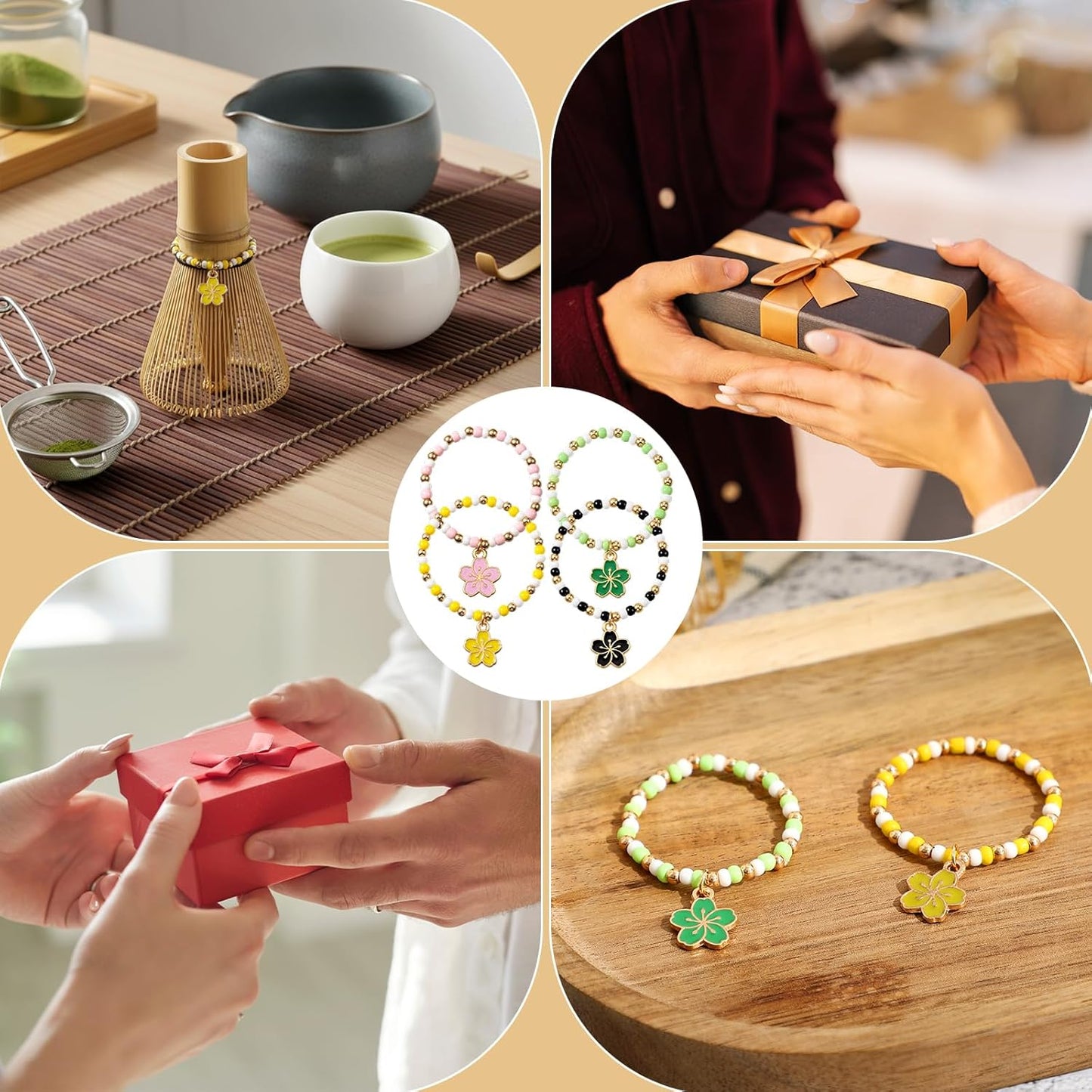 Cunno 4 Pcs Matcha Chasen Charm Decorative Chain Set with Cherry Blossom Charm Elastic Rope for Bamboo Matcha Whisk Tea Accessories Tea Party Decor Birthday Gift