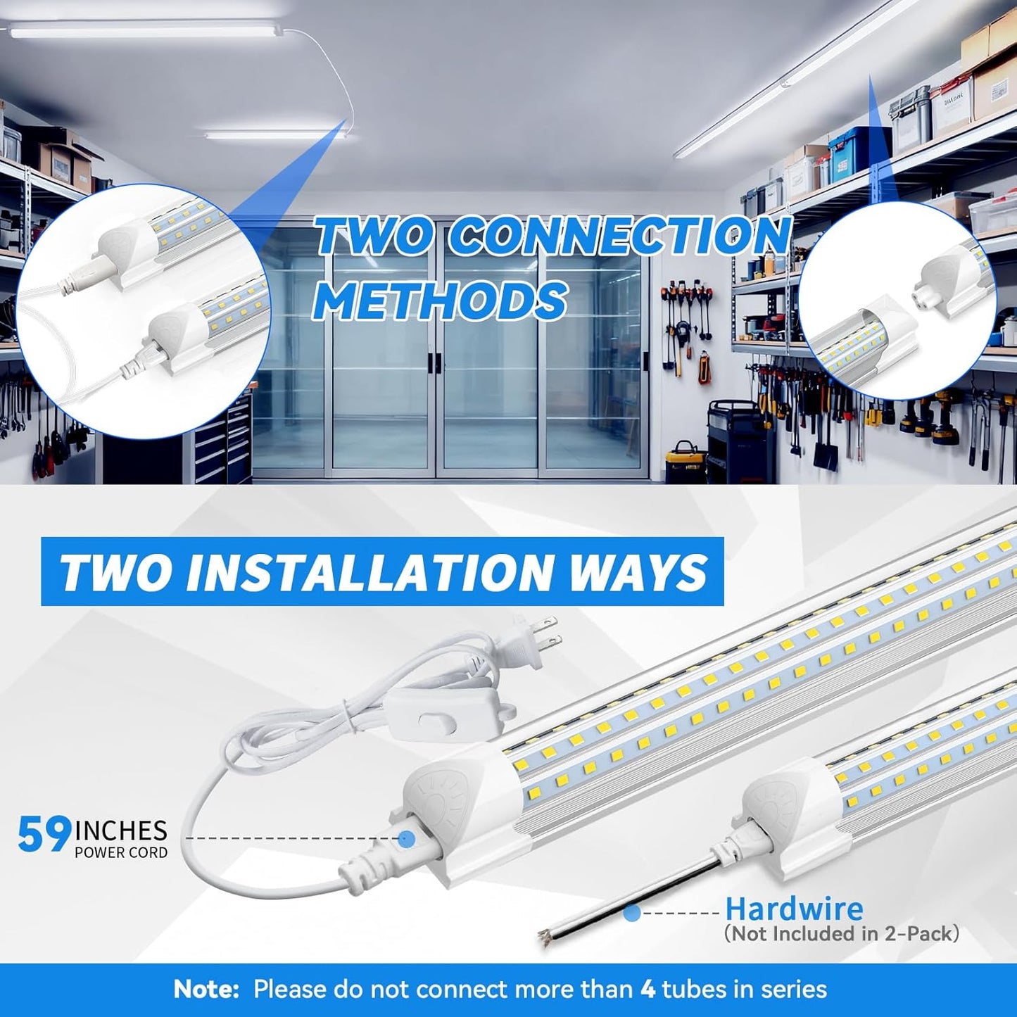 CNSUNWAY Led Shop Lights 4FT, D Shape LED Light 50W 7500LM 6500K Daylight White, Garage Light, Linkable Clear Cover T8 Integrated for Garage Workshop Workbench, ETL Listed(2-Pack)