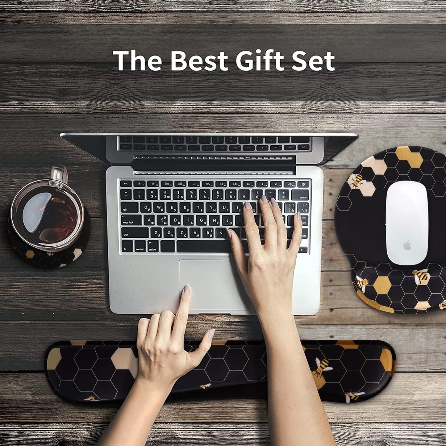 iCasso Desk Mat, Gaming Mouse Pad Wrist Support Set,4in1 XXL Large Mousepad + Keyboard Wrist Rest+Mouse Wrist Rest+Coaster Set with Ergonomic Design for Home Office Table Computer-Honeycomb