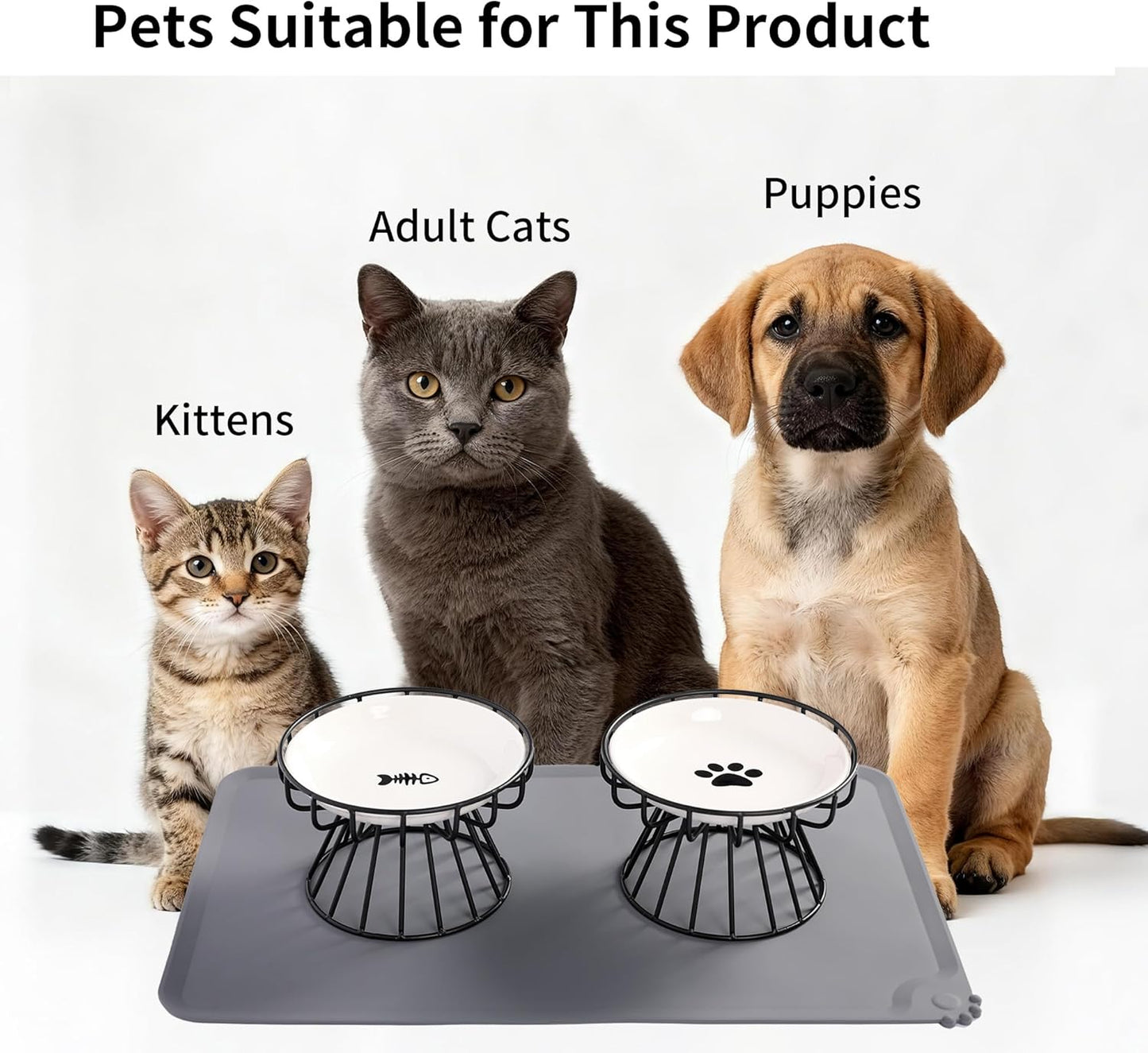 Elevated Ceramic Cat Food Bowl Set with Silicone Mat, Includes 2 Ceramic Bowls and 2 Bowl Stands Protects Neck and Whiskers, Leak-Proof Design, Dishwasher Safe Suitable for Cats and Puppies