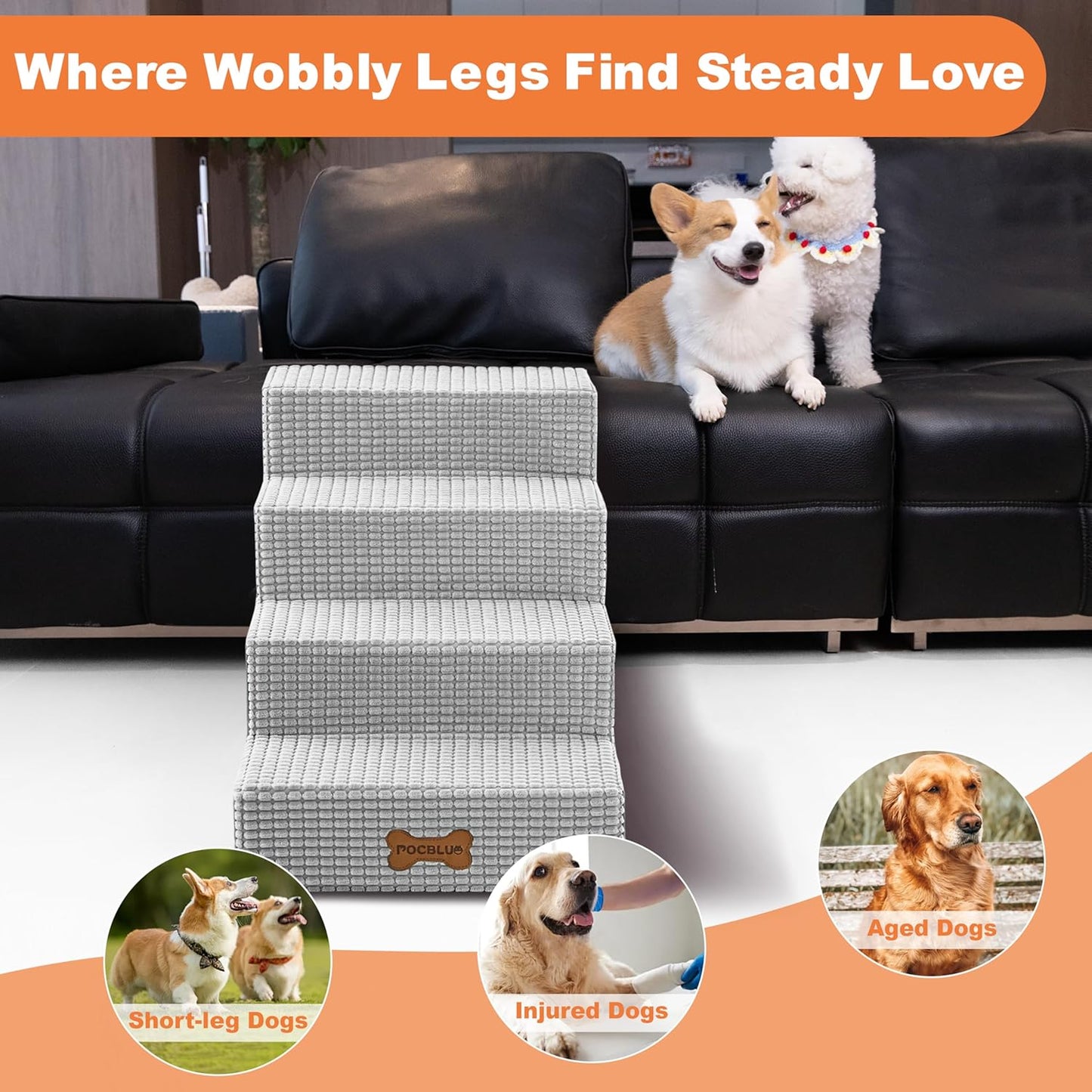 POCBLUE Dog Stairs for Bed 17.7" H, 4-Step Pet Steps for High Bed or Couch, Non-Slip Pet Ramp for Small Dogs and Cats Indoor with Washable Cover, Grey