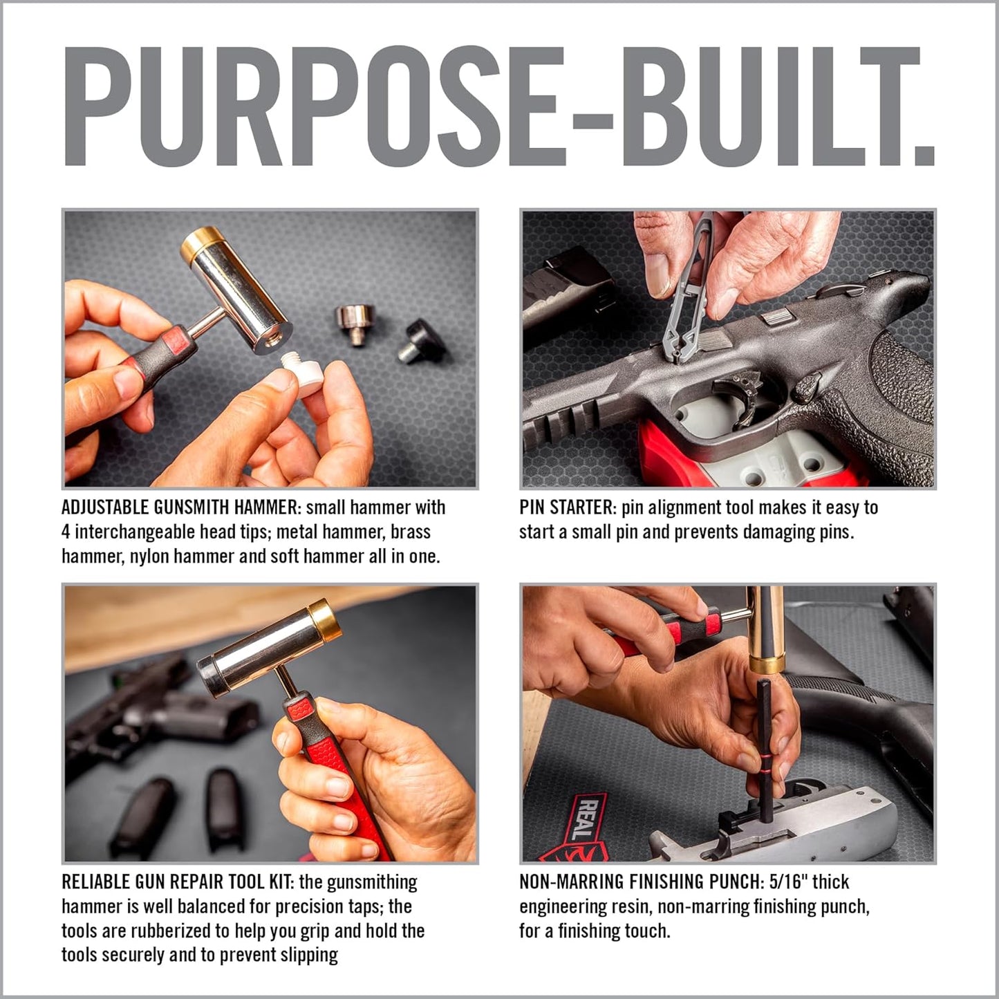 Real Avid Roll Pin Punch Set & Hammer + Non-Slip Magnetic Bench Block | 10 Nickel-Plated Steel Roll Pin Punches, 4 Interchangeable Hammer Heads - Brass, Steel, Ruber, Nylon & Non-Marring Bench Block
