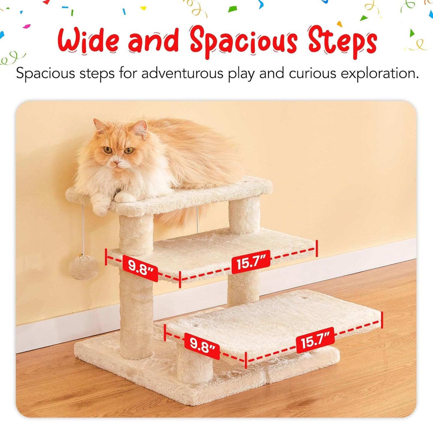 15''H Multi-Step Pet Stairs for High Beds & Sofas, 3-Step Cat Stairs with 2 Toy Balls, Wide Boards for Indoor Kittens Dogs Pets Climbing, Beige