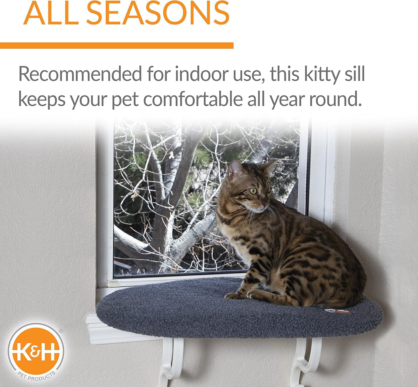 K&H Pet Products Kitty Sill Cat Window Perch for Large Cats, Orthopedic Window Hammock Bed Holds 40LBS, Washable Cover, Kitty Windowsill Bed Seat for Indoors - Gray Fleece, Unheated, 14 X 24in