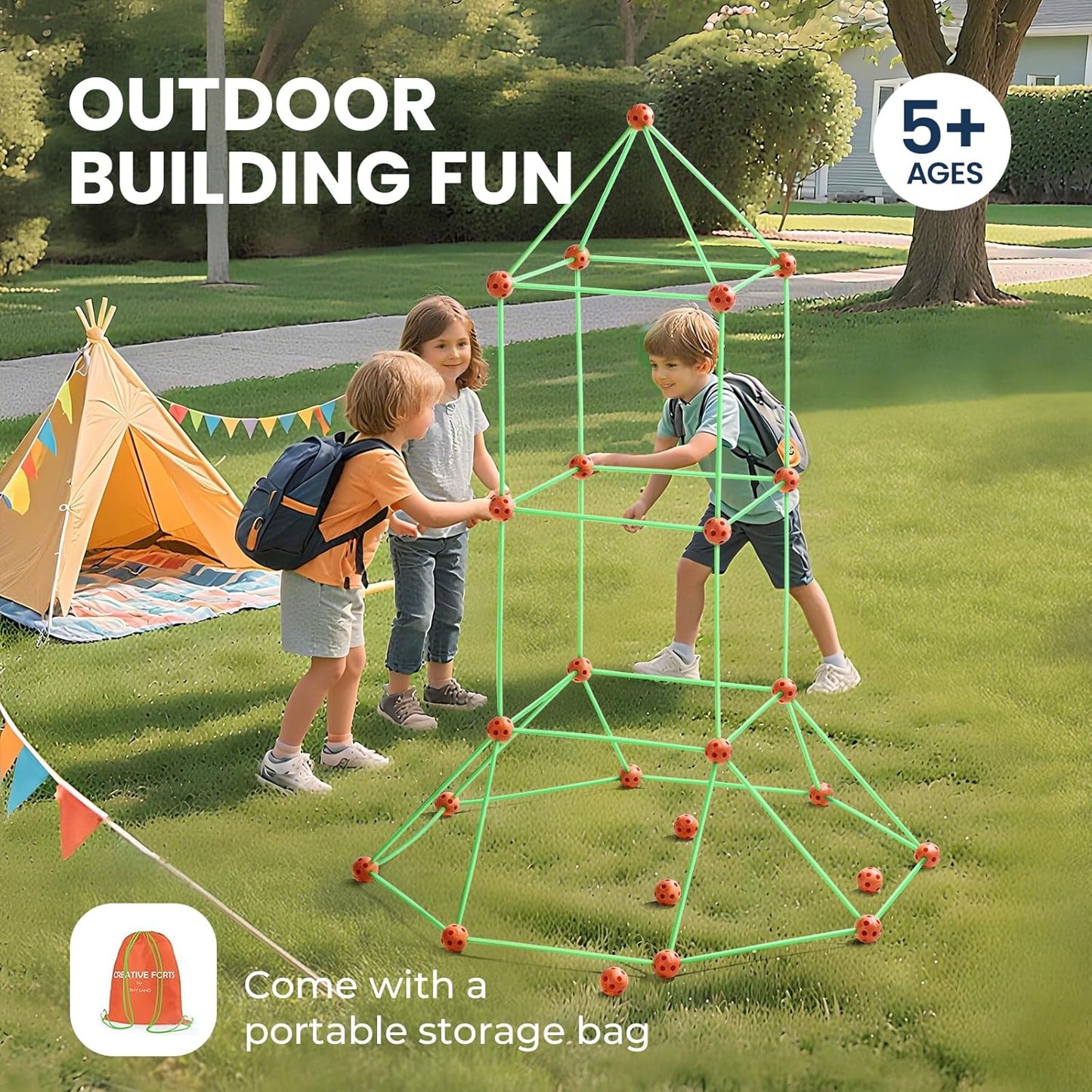 Tiny Land Glow Fort Building Kit for Kids Creative Fort Indoor & Outdoor Construction Toys with 86 Rods and 44 Balls for 5-12 Year Old Boys & Girls STEM Building Toy Gifts with Storage Bag