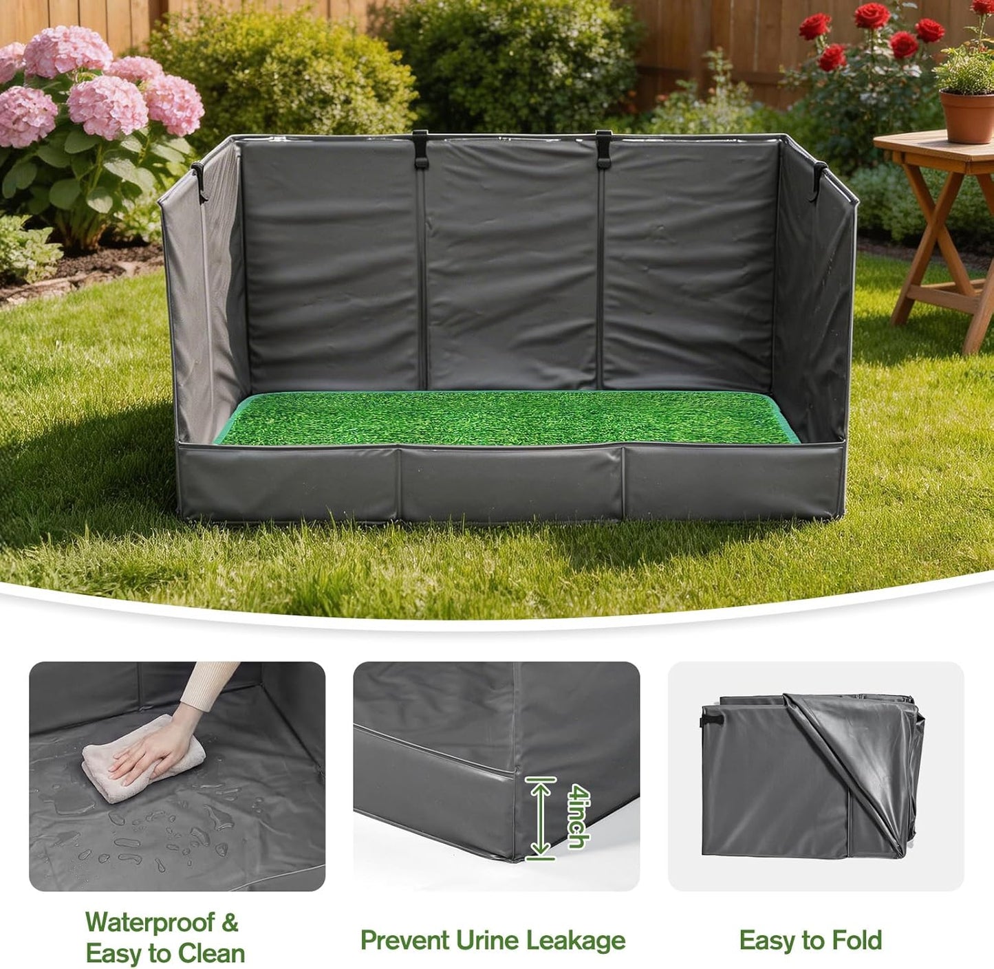 33.5"×23.6"×15.9" High Walls Dog Potty Tray with Artificial Grass, Foldable Dog Pee Pad Holder with 4-Inch Baffle, Waterproof Indoor Dog Litter Box for Small to Medium Pets