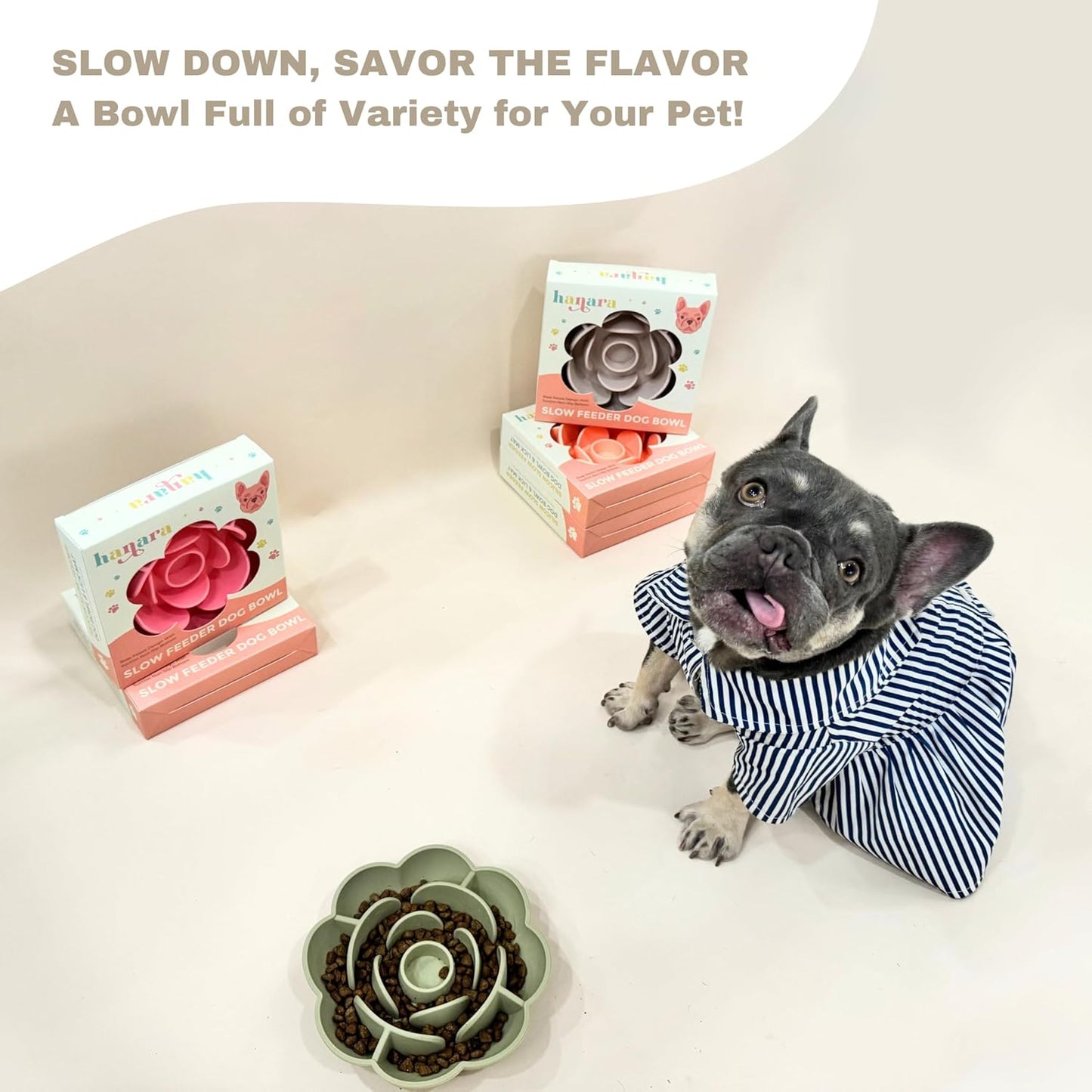 Hanara Sillicone Slow Feeder Dog Bowls & Lick Mat with Suction Bottom | Rose Petals Design | Promotes Better Digestion, Prevent Choking | Dish Washer Safe | Great Size for All Breed (Peach Beige)