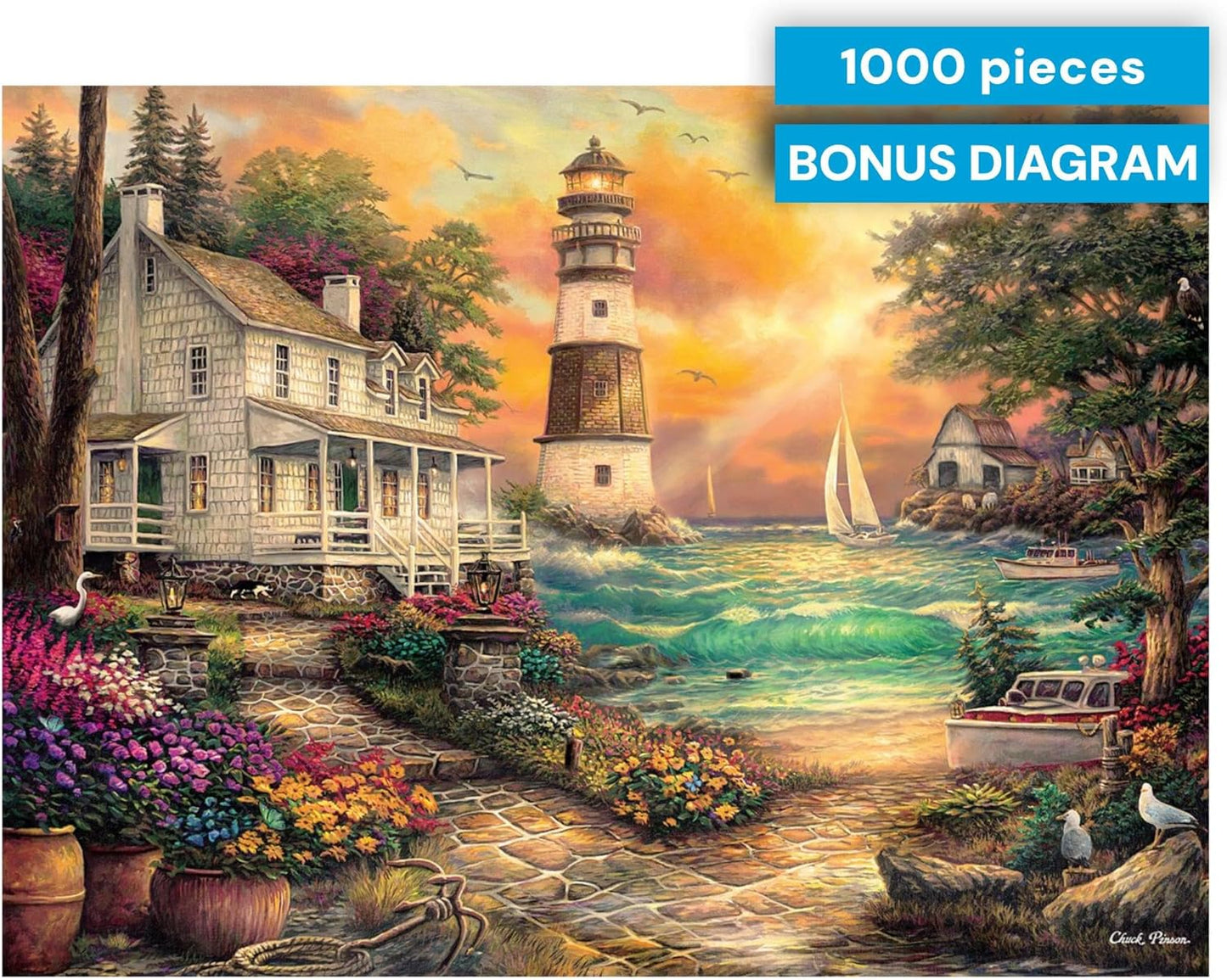 Buffalo Games - Chuck Pinson - Cottage by the Sea - 1000 Piece Puzzle for Adults, Serene Lighthouse Jigsaw with Poster, Premium Scenic Puzzle for Game Nights