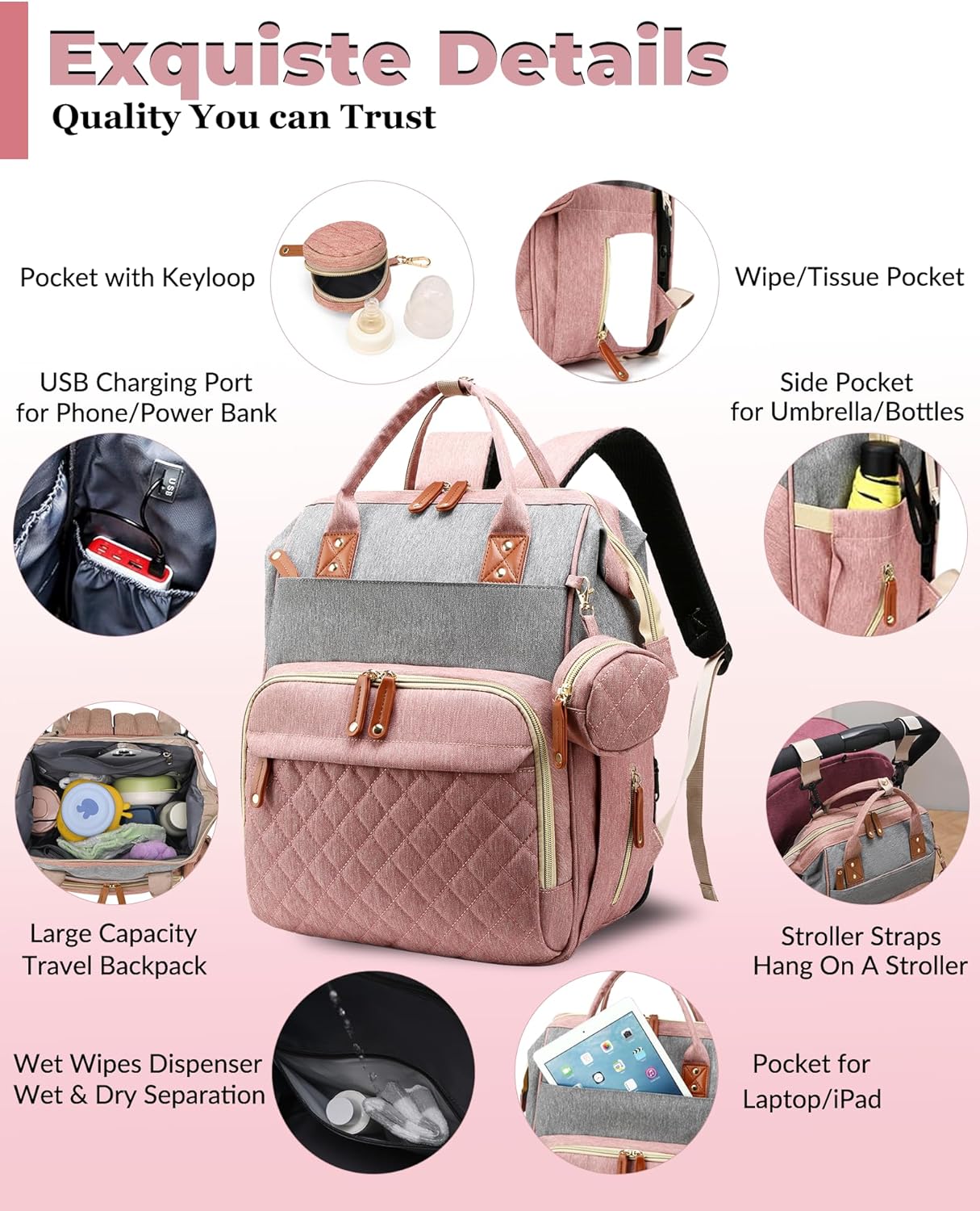 Diaper Bag Backpack with Changing Station, Waterproof Large Capacity, Baby Bag for Mom & Dad, 18 Pockets+USB Port, Foldable Changing Pad, Travel Backpack for Newborn Essentials, Baby Gift