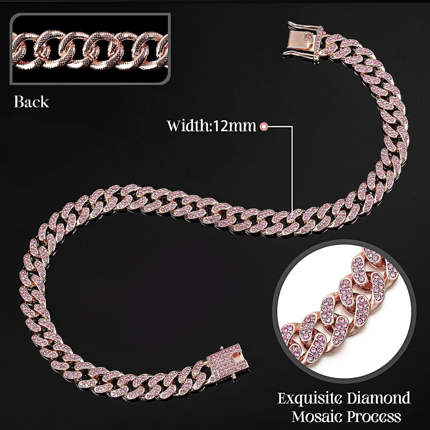 LEIFIDE Dog Chain Collar Diamond Link Puppy Collar 12 mm Wide Dog Necklace Metal Cat Chain Pet Crystal Necklace Jewelry Accessories for Small Medium Large Pet(8 Inch,Rose Gold, Pink)