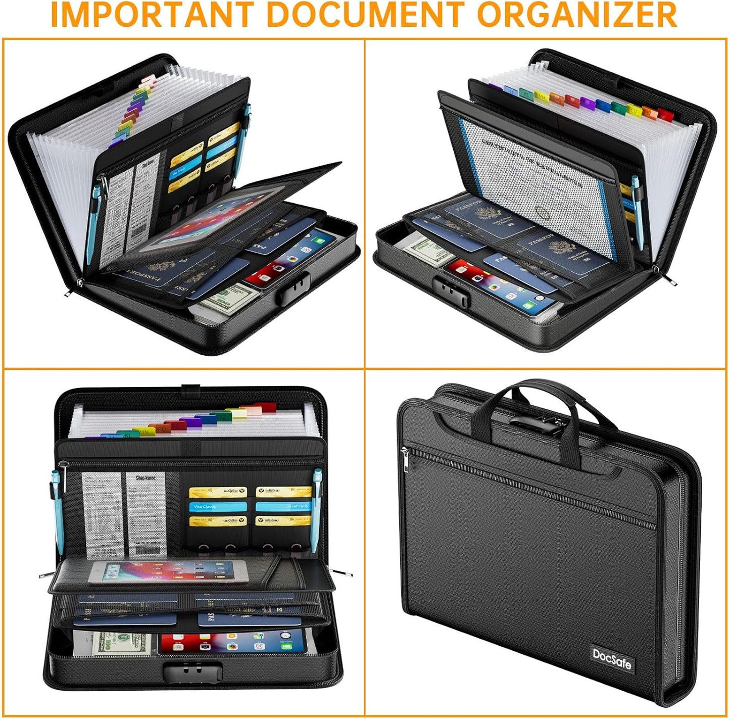 DocSafe Accordion File Organizer with Combination Lock,Fireproof Water Resistant Expanding File Folder with Multi Pockets,Document Organizer Home Office Travel Safe Storage for Letter Size Files,Black