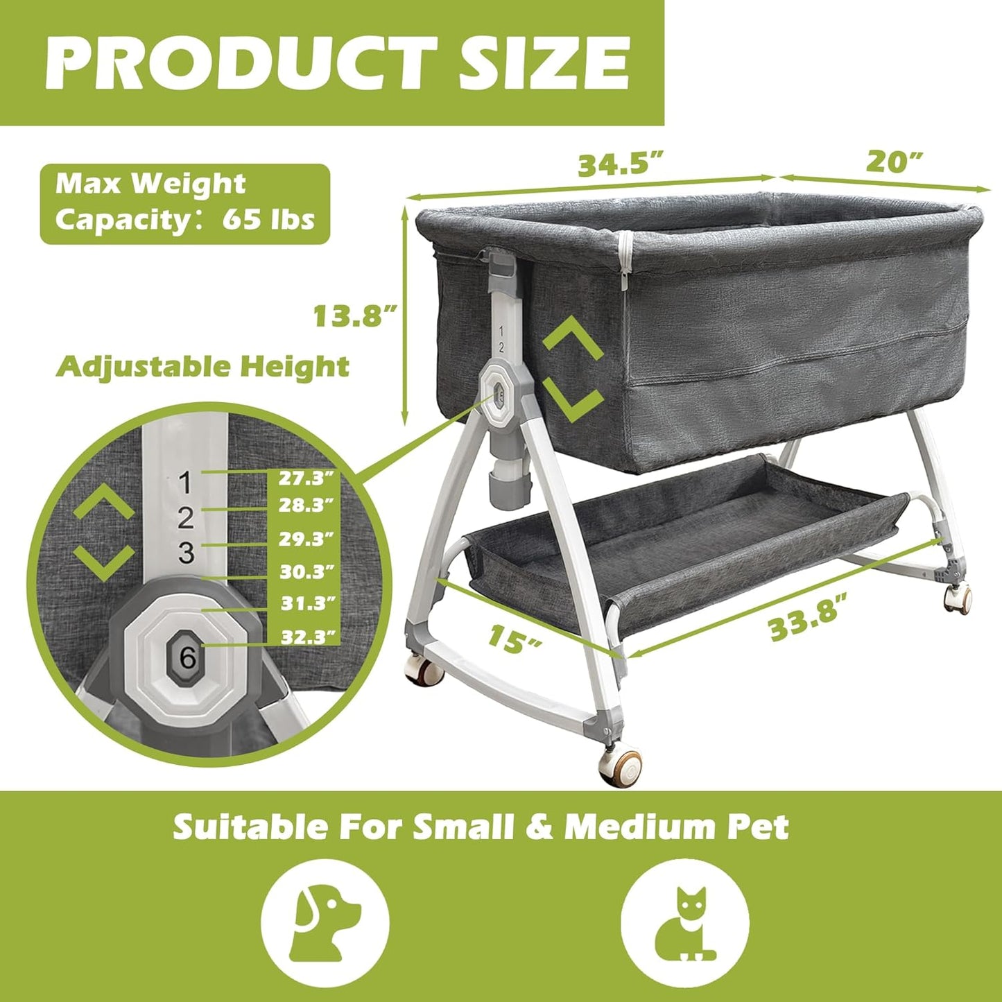 Bedside Cosleeper Dog Bed, Raised Dogs Bed 27''-32'' Adjustable Height, Dog Bed Extension for Human Bed, Bedside Dogs Bed for Small, Medium Dogs(35''L x 20''W)