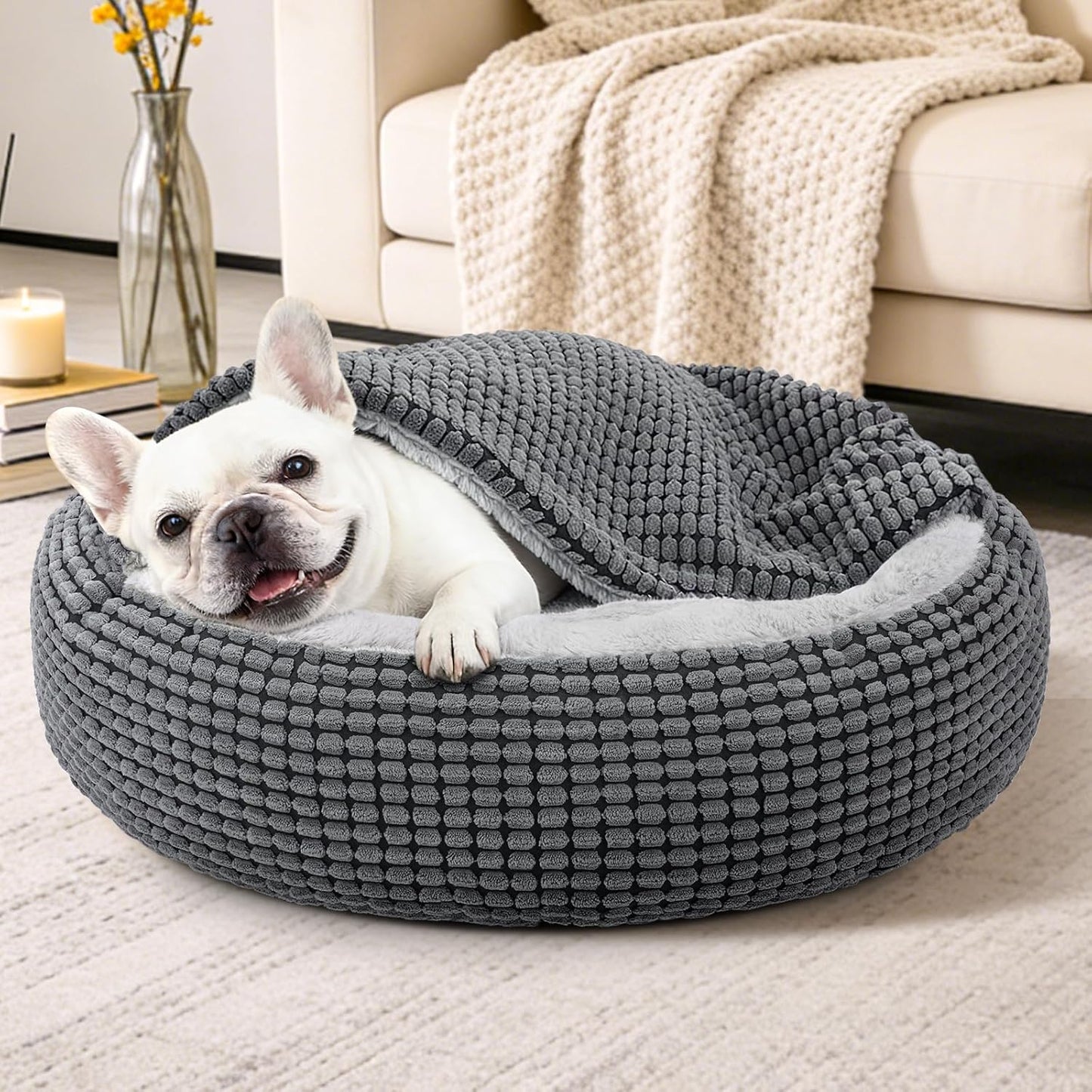 SIWA MARY Dog Bed with Attached Blanket for Small Dogs or Cats, Soft Plush Cozy Donut Cuddler Hooded Pet Beds Washable. Round Puppy Bed Orthopedic, Calming Cat Cave Bed. Anti-Slip Bottom 26inch
