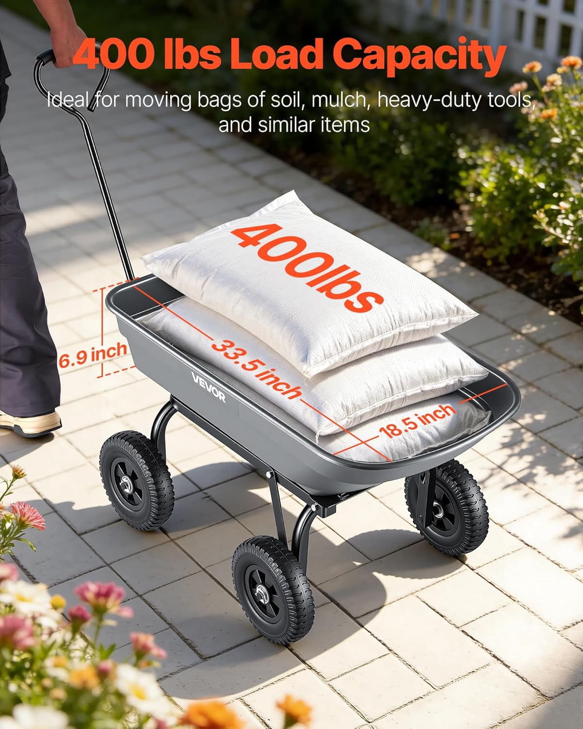 VEVOR 400LBS Wheelbarrow, Poly Garden Dump Cart Wagon with 8" Flat Free Tires, Heavy Duty Wheel Barrow Yard Cart Dump Wagon with Quick-Release System