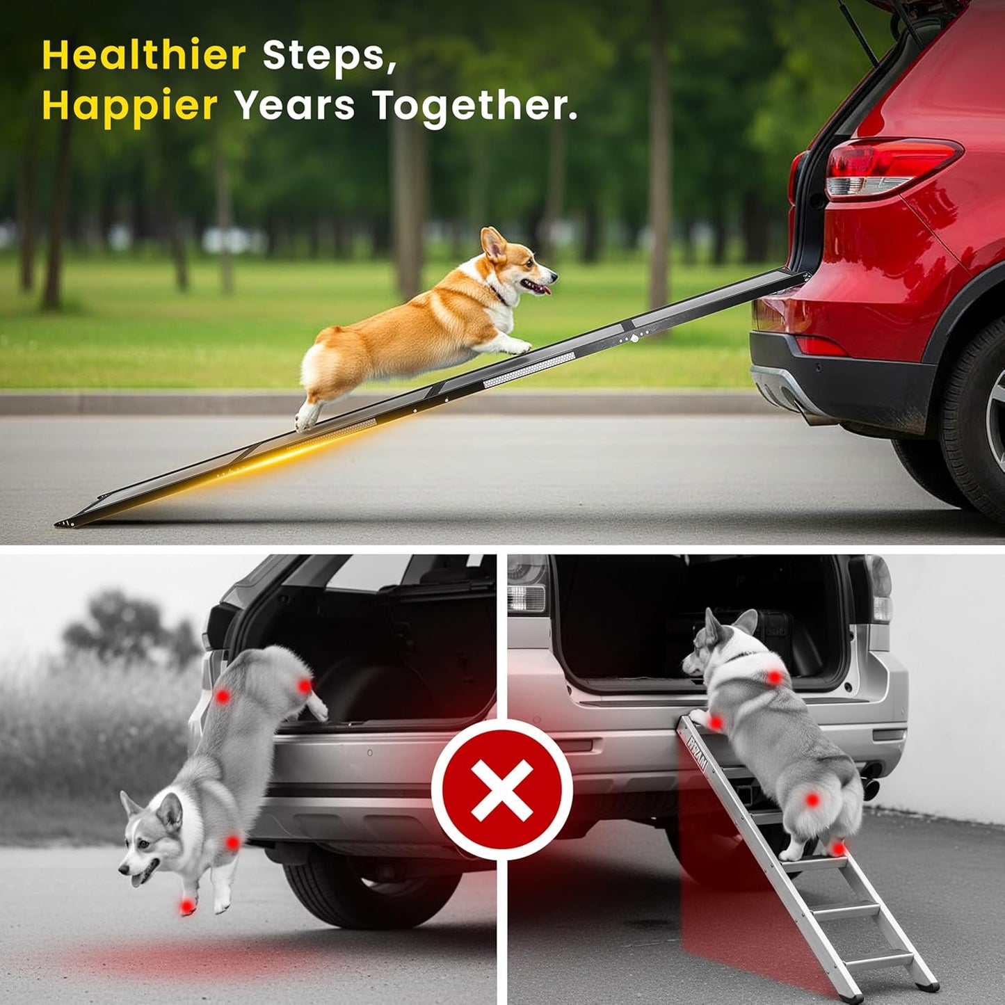Portable Dog Ramp for Car – Foldable Dog Car Ramp for Truck, SUV, High Bed & Sofa with Anti-Slip Feet & Traction Carpet – Small to Large Breeds (71" Long & 17" Wide)