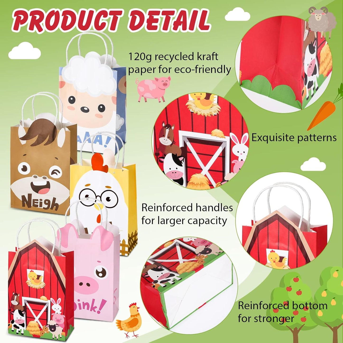 Tallew 16 Pack Farm Animal Party Favor Bags with Handles Farm Barnyard Treat Goodie Bags Kraft Paper Candy Gift Party Supplies for Kids Birthday Baby Shower Supplies Decorations