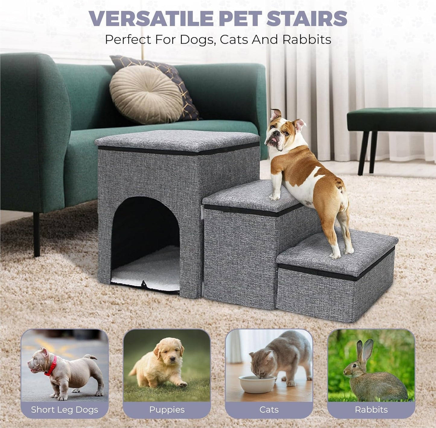 Bark Topia 3-Step Pet Stairs – Soft Foam Dog & Cat Ramp for Couch & Bed Access – Washable Cover, Non-Slip Bottom, Gentle on Joints – Pet Steps for Small & Medium Pets