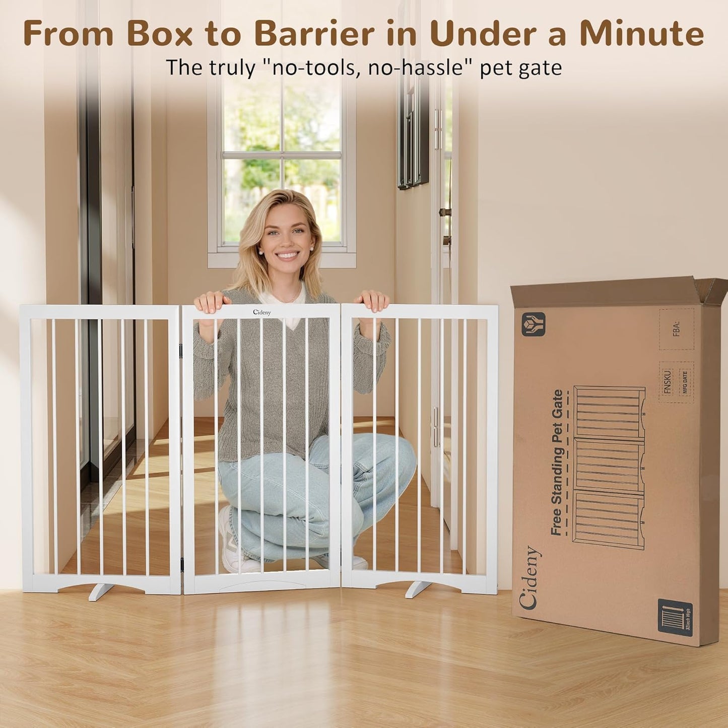 32" Extra Tall Freestanding Dog Gate, Foldable Pet Gate for Doorways Stairs Hallways, 3-Panel Dog Fence with Support Feet for Stability, Folding Puppy Gate Easy to Carry No Drilling 54"x32"