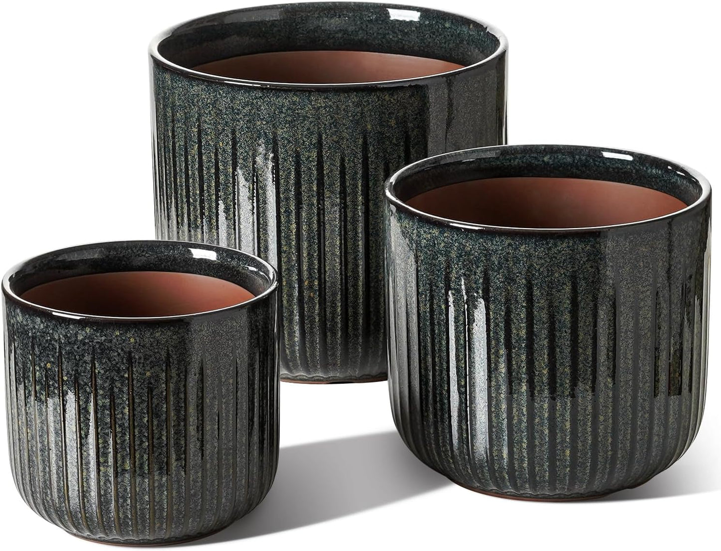 LE TAUCI Ceramic Pots for Plants, 8.3/7/6 Inch Indoor Planters with Drainage Holes & Mesh, Modern Glossy Glaze Cylinder Fluted Plant Pot for Snake Plant, Set of 3, Dark Olive