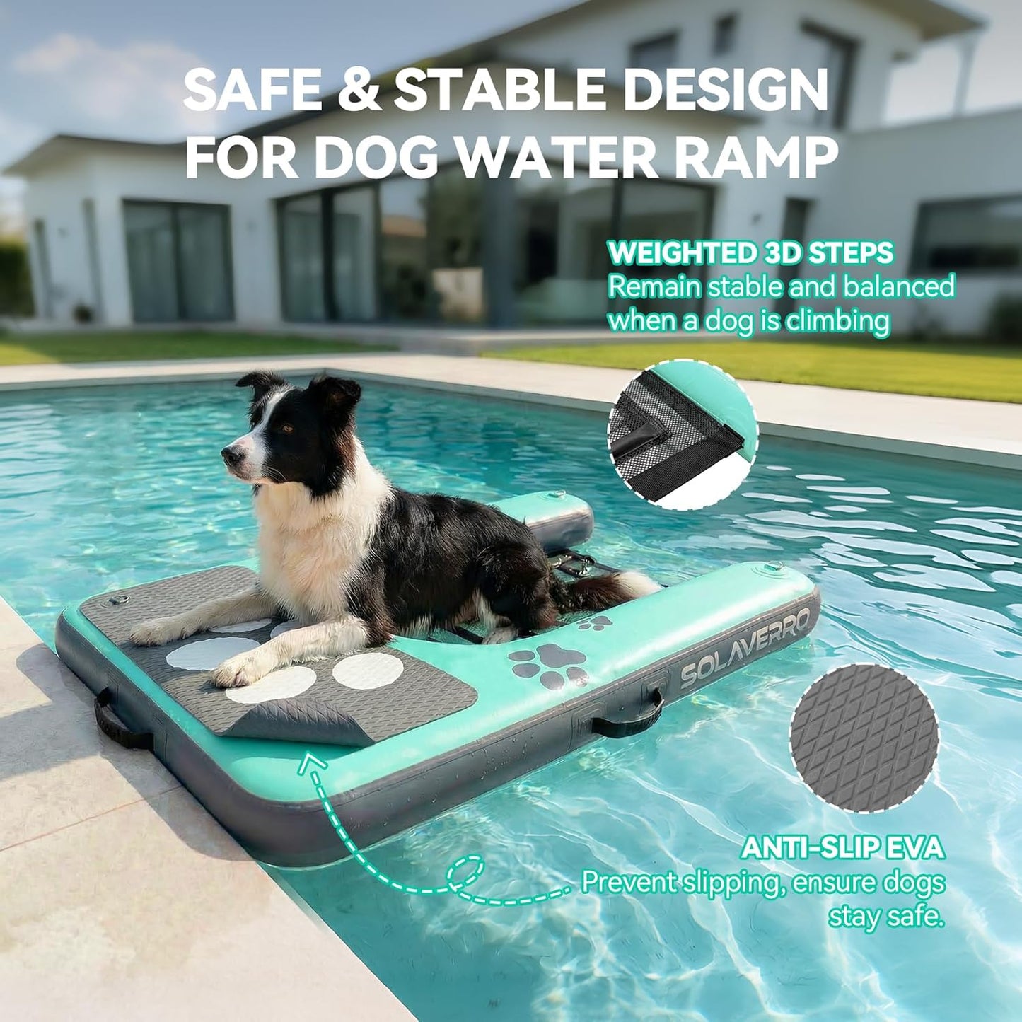 SOLAVERO Dog Water Ramp for Pool, Boat & Lake, Inflatable Dog Dock Pup Plank Pool Ladder Up to 200 lbs, Safe & Easy Access Floating Ramp Steps for Pets with Anti-Slip EVA, Green