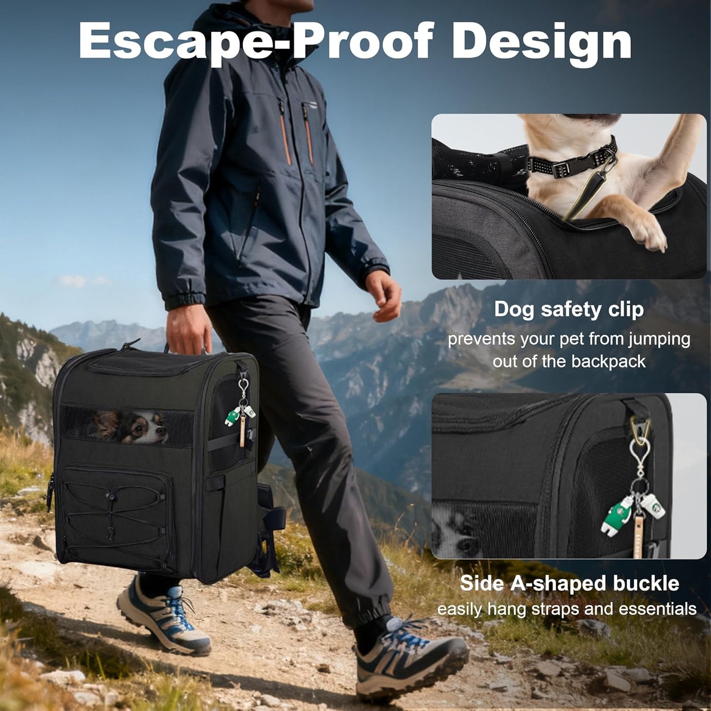Dog Carrier Backpack for Small Dogs - Breathable Mesh Hiking Bag with Safety Buckle, Adjustable Straps and Elevated Pad - Durable for Hiking (Fits Small Cats Too, Up to 17lbs, Black)
