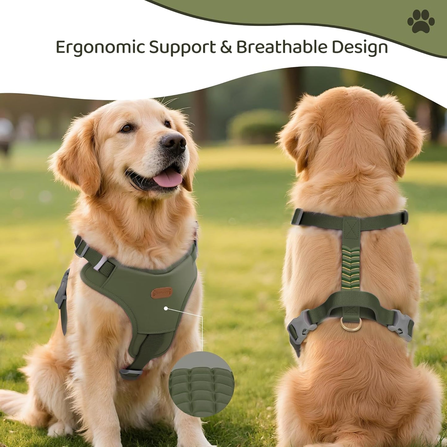 Xlife Dog Harness for Large Dogs - No-Pull Adjustable Vest Harness with 3D Air Cushion, Safety Buckle & No-Chock D Ring, Easy to Put On - Comfortable & Breathable for Easy Walking (Green L)