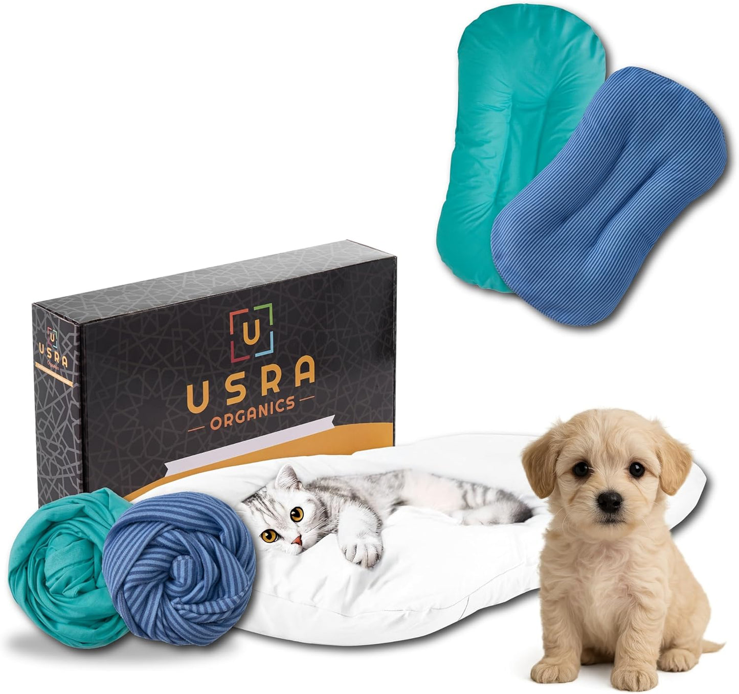 USRA 100% Cotton Orthopedic Pet Bed Gift Set with 2 Covers 28"x20" Dog Cat Recovery Pillow Hypoallergenic Natural Oeko-TEX Certified Comfy Kennel Pillow - Green Blue Colors