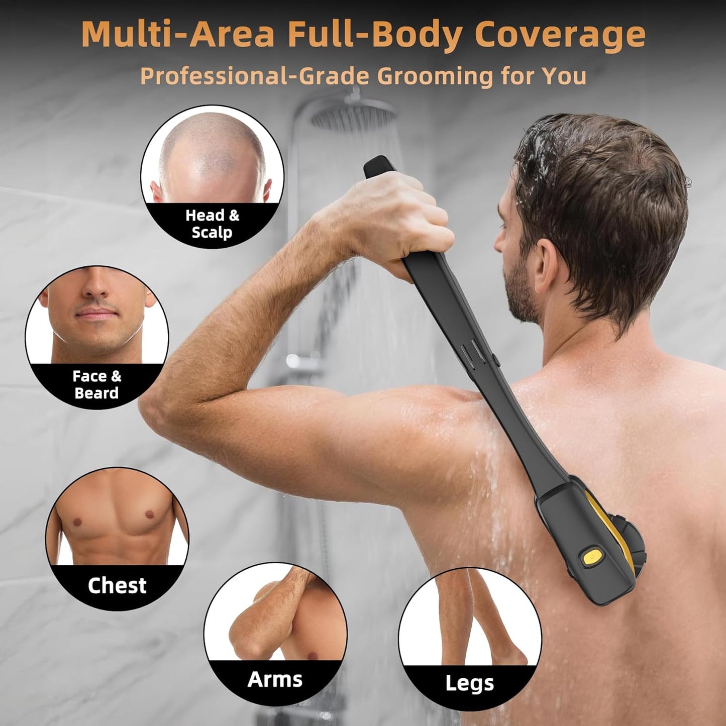 Back Shaver for Men: Long-Reach Foldable Handle Electric Back Razor for Men with 6D Smooth & Safe Shaving - 2-in-1 Waterproof Full Body Hair Trimmer & Groomer Kit, Birthday Gift for Men Him (Black)