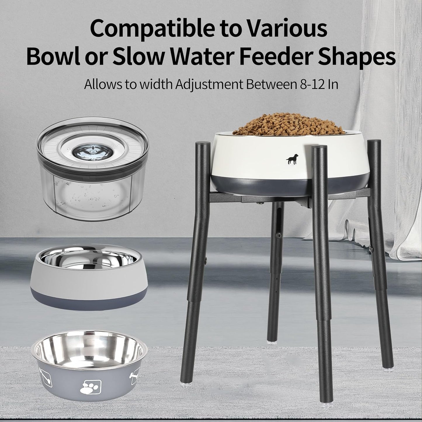 Raised Single Dog Bowl Stand, Adjustable 12-16" Tall, Elevated Dogs Food Bowl Stand for 8-12" Wide Bowls, Dog Bowl Holder for Medium Large - Metal Pets Dish Holder Only - Black