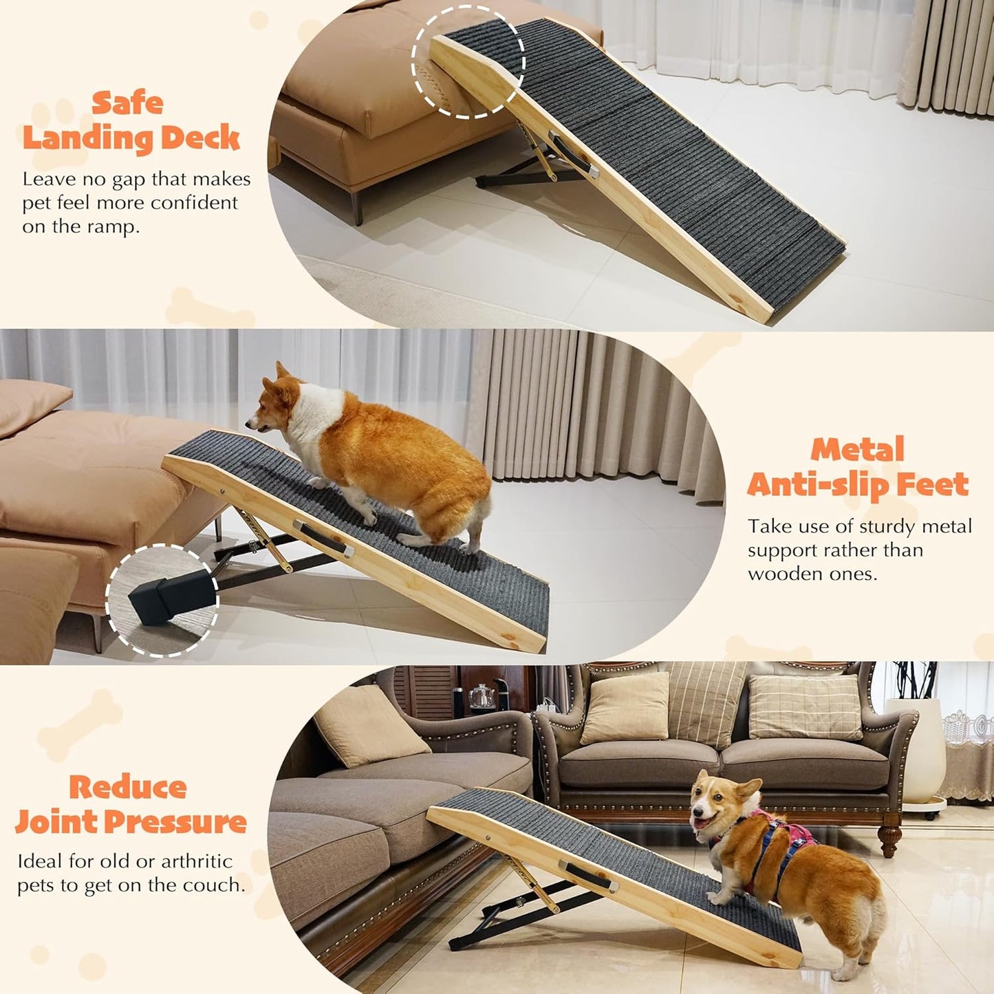 PETKARAY Dog Ramp for Bed, Stepless Adjustment Dog Ramp for Couch, Folding Wooden Pet Ramp for Large Dogs, 47" Long Adjustable Height 9"-24", Natural