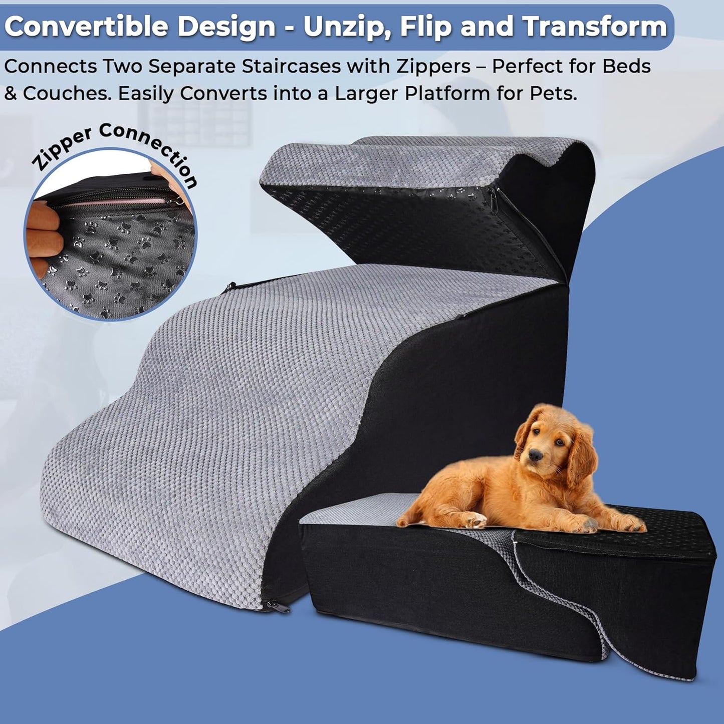 4 Steps Pet Stairs for Small Dogs, 19” High Curved Dog Stairs for Bed with Non-Slip Base, High-Density Foam, and Removable Washable Cover