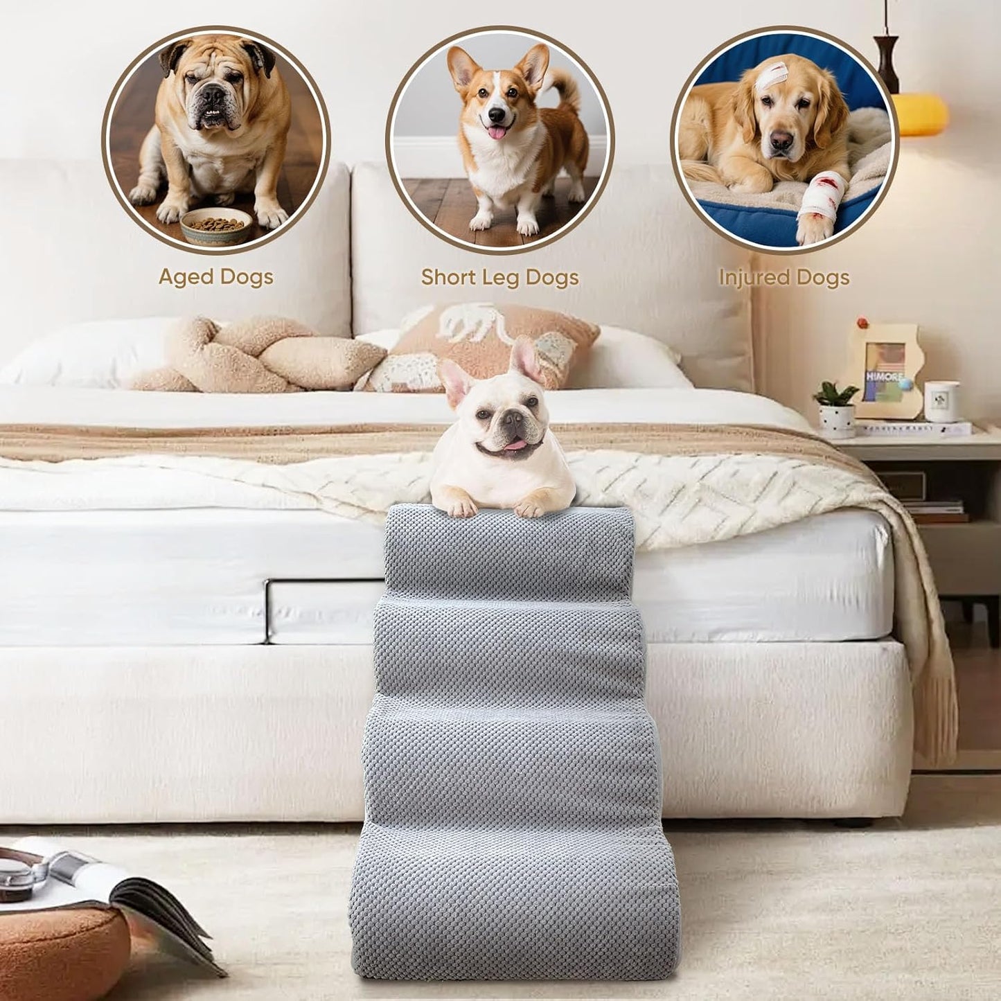 PAWSCART 작은 반려동물을 위한 강아지 계단, 높이 45cm(17.75인치) 30D 소재 부드러운 폼, 휴대용 경사로 미끄럼 방지 표면 미끄럼 방지, 소파 및 높은 침대 등반을 위한 미끄럼 방지, 고양이 또는 개를 위한 3단계 계단, 라이트 그레이
