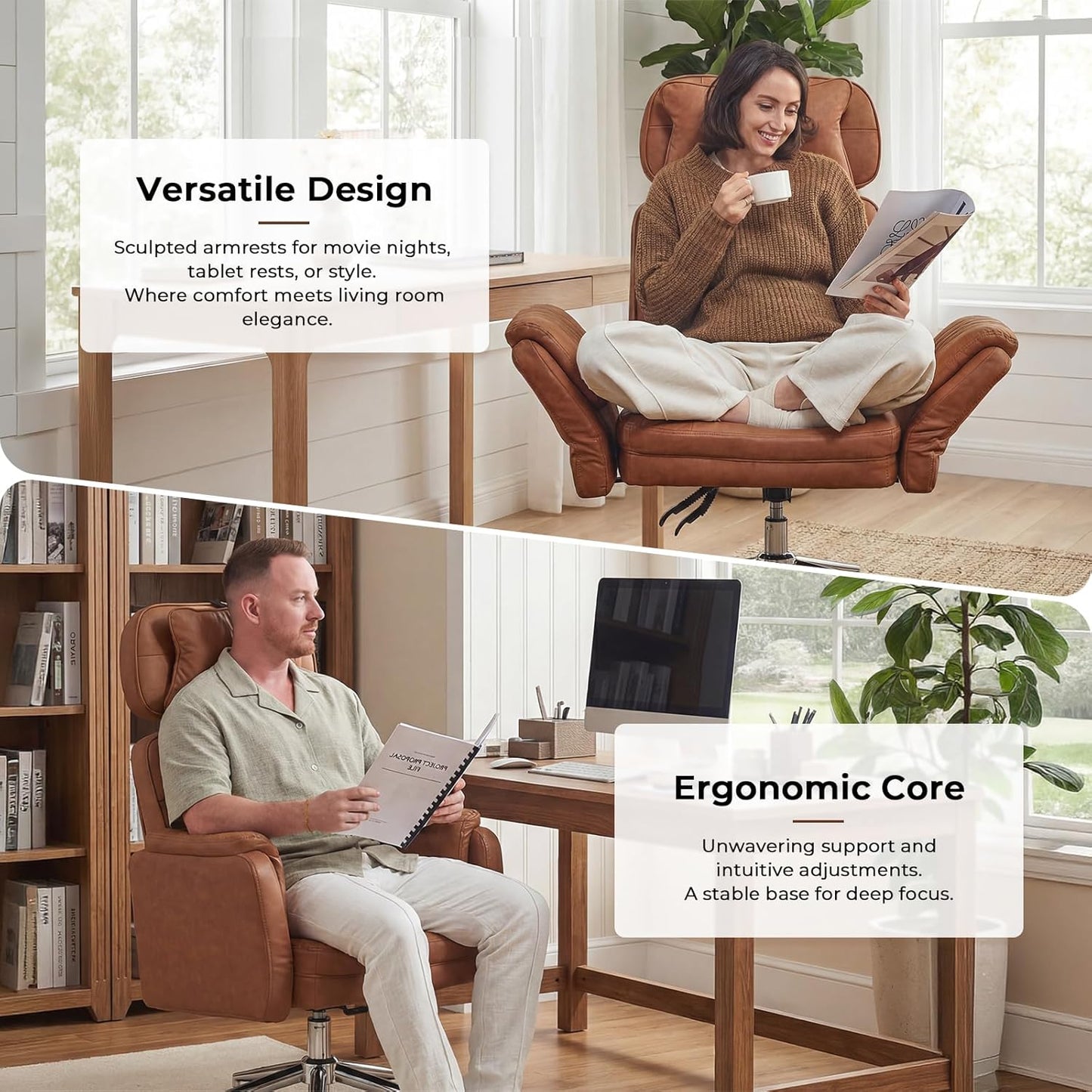 Big and Tall Office Chair - Criss Cross Leather High Back Executive Office Chair with Armrests & Wheels, Ergonomic Computer Gaming Desk Chair for Home, Makeup Vanity & Bedroom, Brown, 49.6”H×22”W