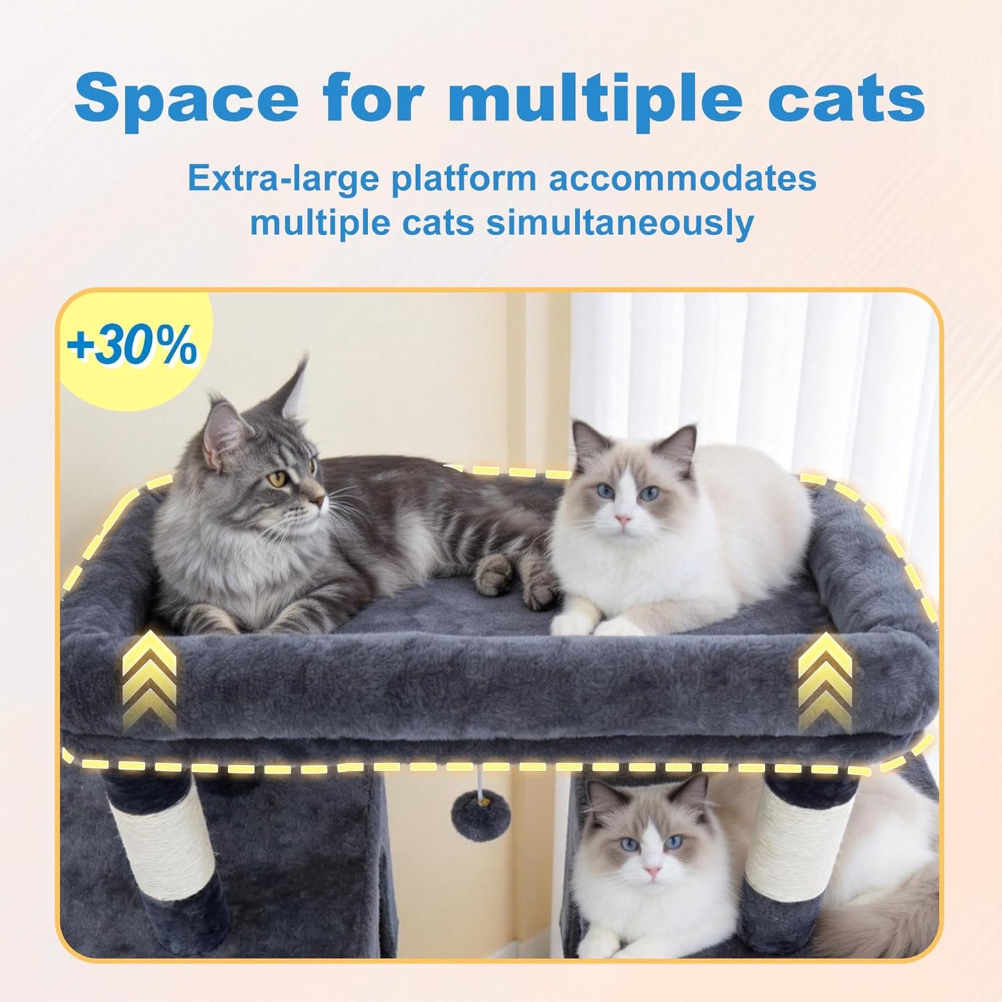 Hey-brother Cat Tree Tower, Large Sisal Scratching Posts with Big Platform, 3 Spacious Condos, Plush Hammock, Toy, 57.5 Inches Multi-Level Furniture for Indoor Adults Maine Coon, Smoky Gray MPJ083G