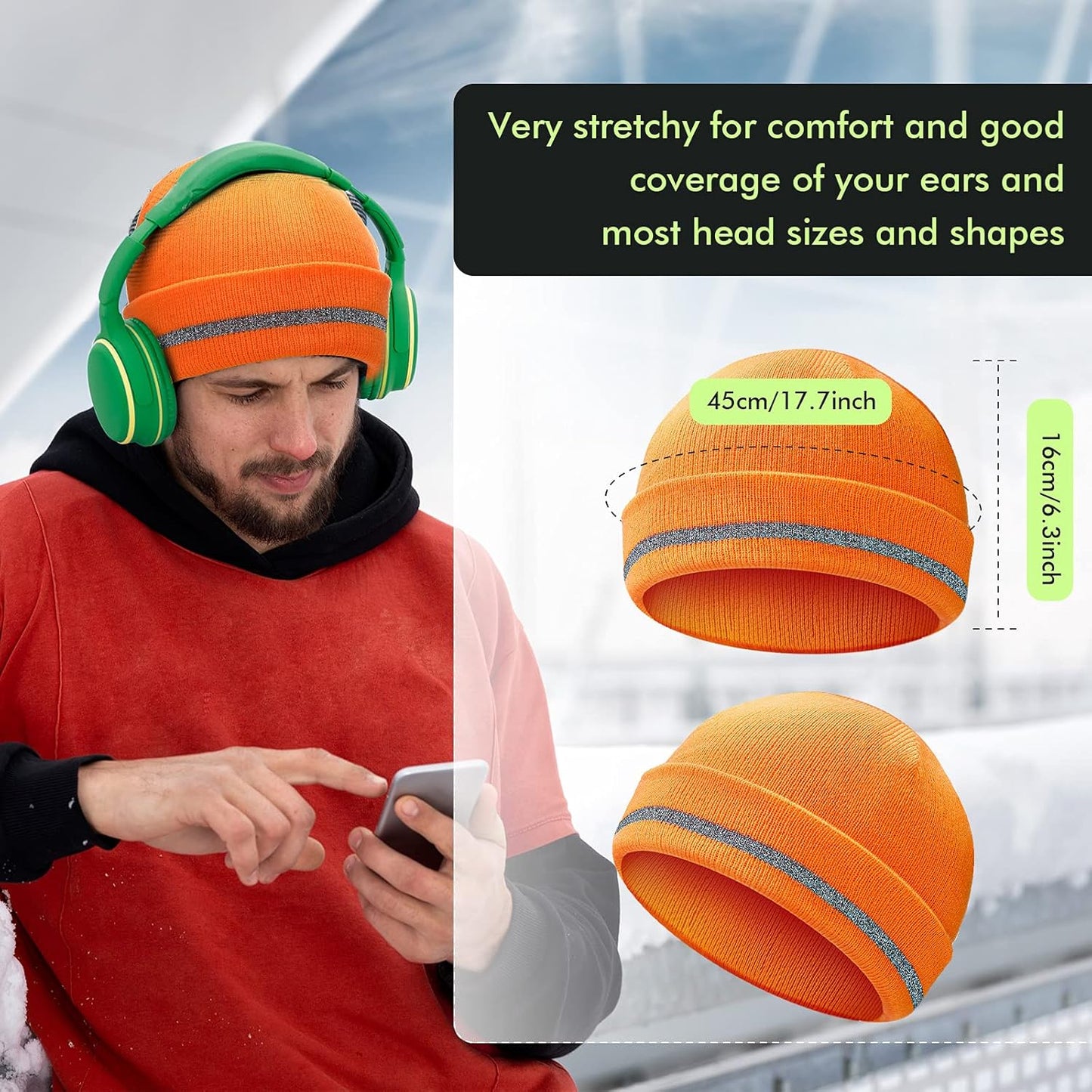 Reflective Knit Hat Safety Beanies Adult High Visibility Beanie Neon Winter Knit Caps with Reflective Stripe