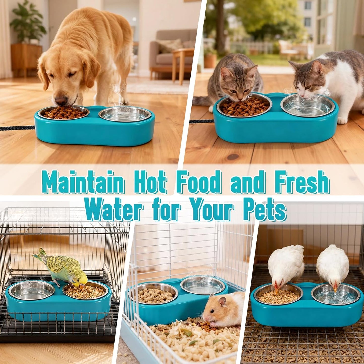 Heated Cat Food & Water Bowls for Outside Pets, 2 Stainless Steel Heated Cat Bowl 24 OZ Each, Waterproof Heated Pet Bowl for Outside Cat Dog Bird, No More Frozen Food or Water in Winter