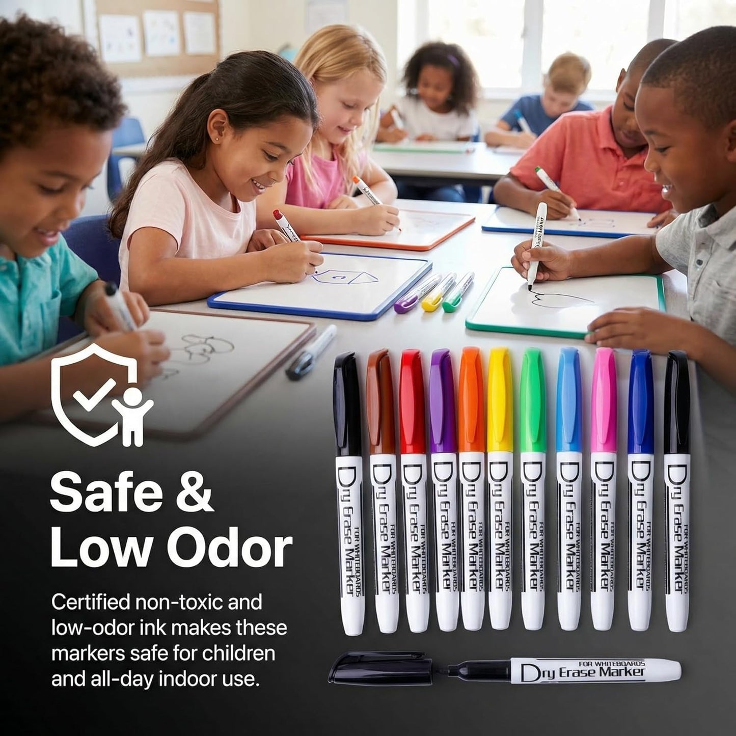 Volcanics Dry Erase Markers Low Odor Fine Whiteboard Markers Thin Box of 12, 10 Colors