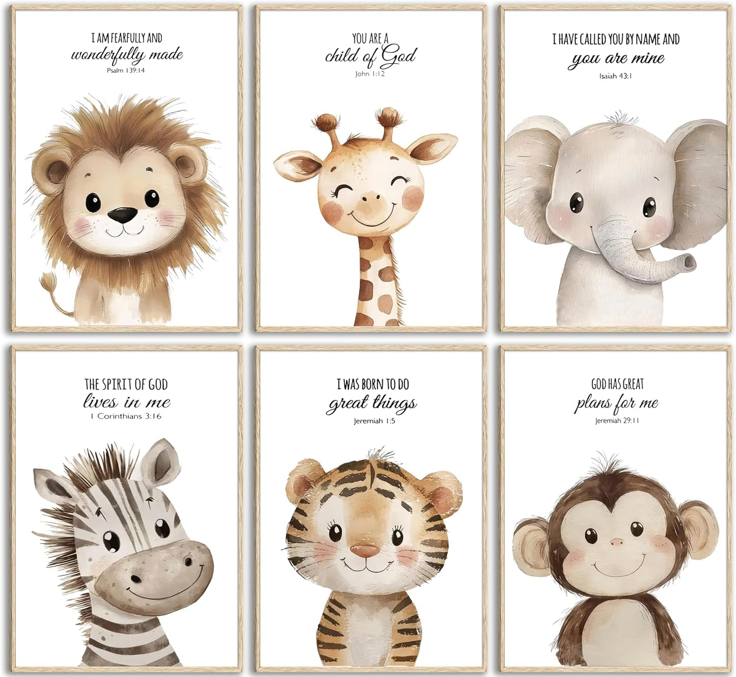 6Pcs Nursery Bible Verse Animal Wall Art Cute Woodland Animals Christian Picture Wall Decor Lions Elephant Giraffe Poster Print Artwork for Classroom BabyBedroom Boys Girls Home Decoration Unframed