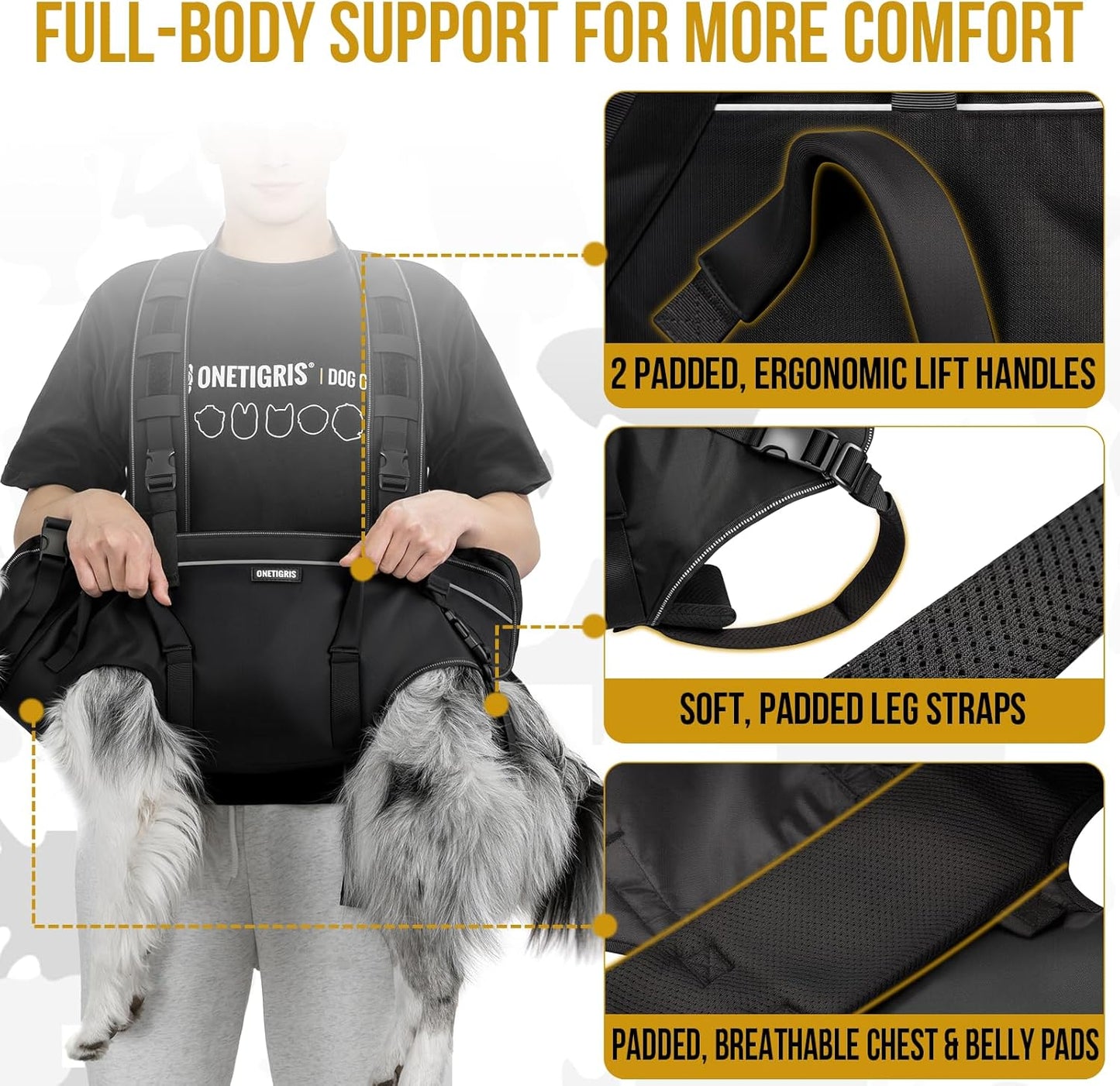 OneTigris Dog Backpack Carrie, Lift Harness with Handle for Large Dogs, Reinforced Padded Dog Sling for Joint Injuries, Arthritis, Ideal for Stairs, Elderly Dogs Fits 60-90 lbs