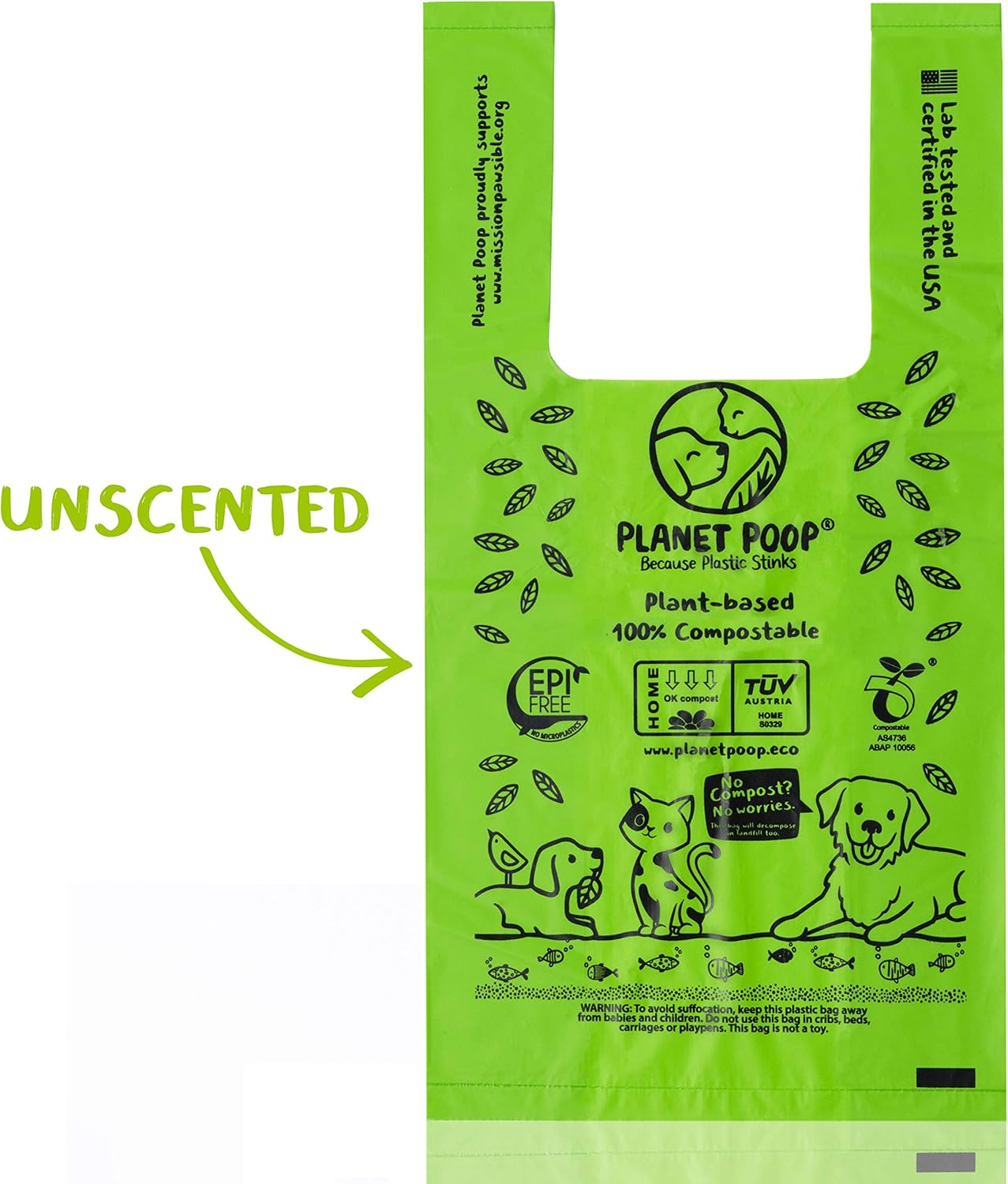 PLANET POOP Home Compostable Dog Poop Bags with Handles, Standard Size 180 Count, Un-Scented Dog Waste Bag, Thick Leakproof Doggy Cat Bag, Plant-Based Green Pet Supplies