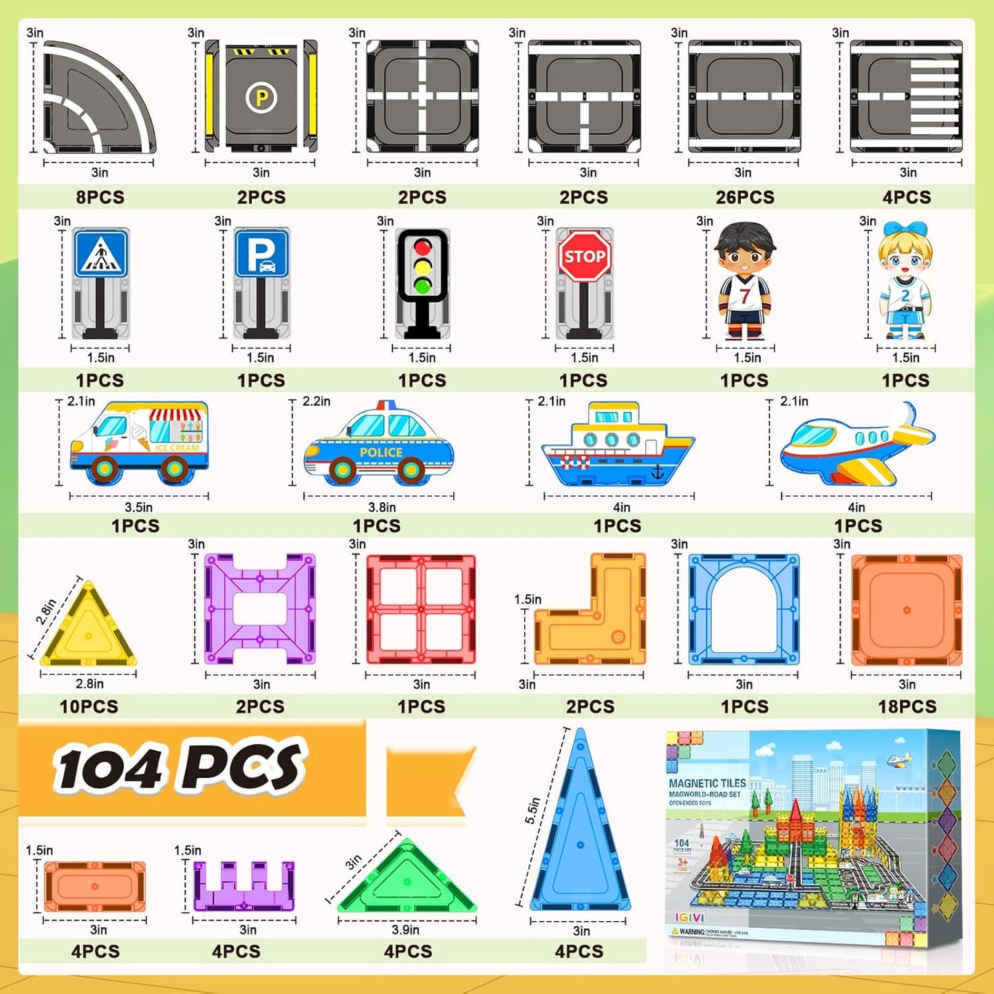 104 PCS Magnetic Tiles Road Set, STEM Construction Toys for Kids Ages 3-5 5-7 4-8, Magnet Building Blocks for Toddler Toys Games, Christmas Birthday Gifts for 3+ Year Old Boys Girls