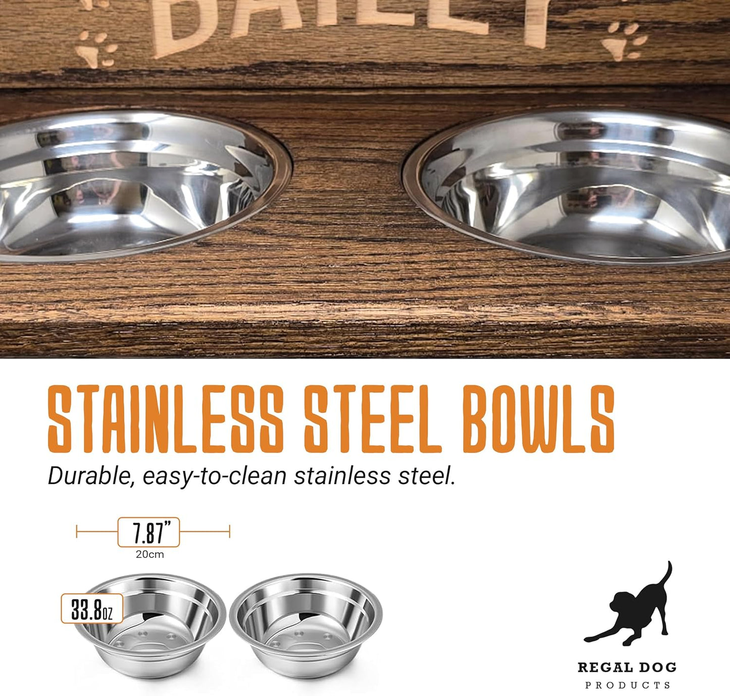 Elevated Dog Bowl Stand with Stainless Steel Bowls | Raised Dog Feeder | Oak Wood with Industrial Pipe Legs | Waterproof Finish | Handmade in USA (No Backsplash)