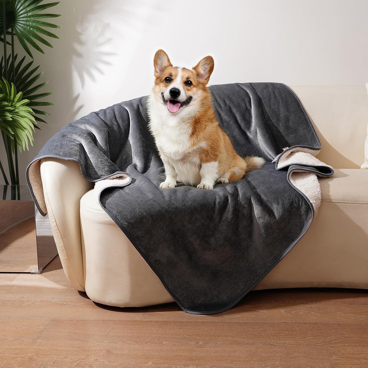 Sunheir Waterproof Blanket for Bed, Reversible Sherpa Fleece & Flannel Pet Blanket, Leakproof Spill-Proof Dog Blanket for Couch, Furniture Protector, Travel, Camping, 25"X35", Grey