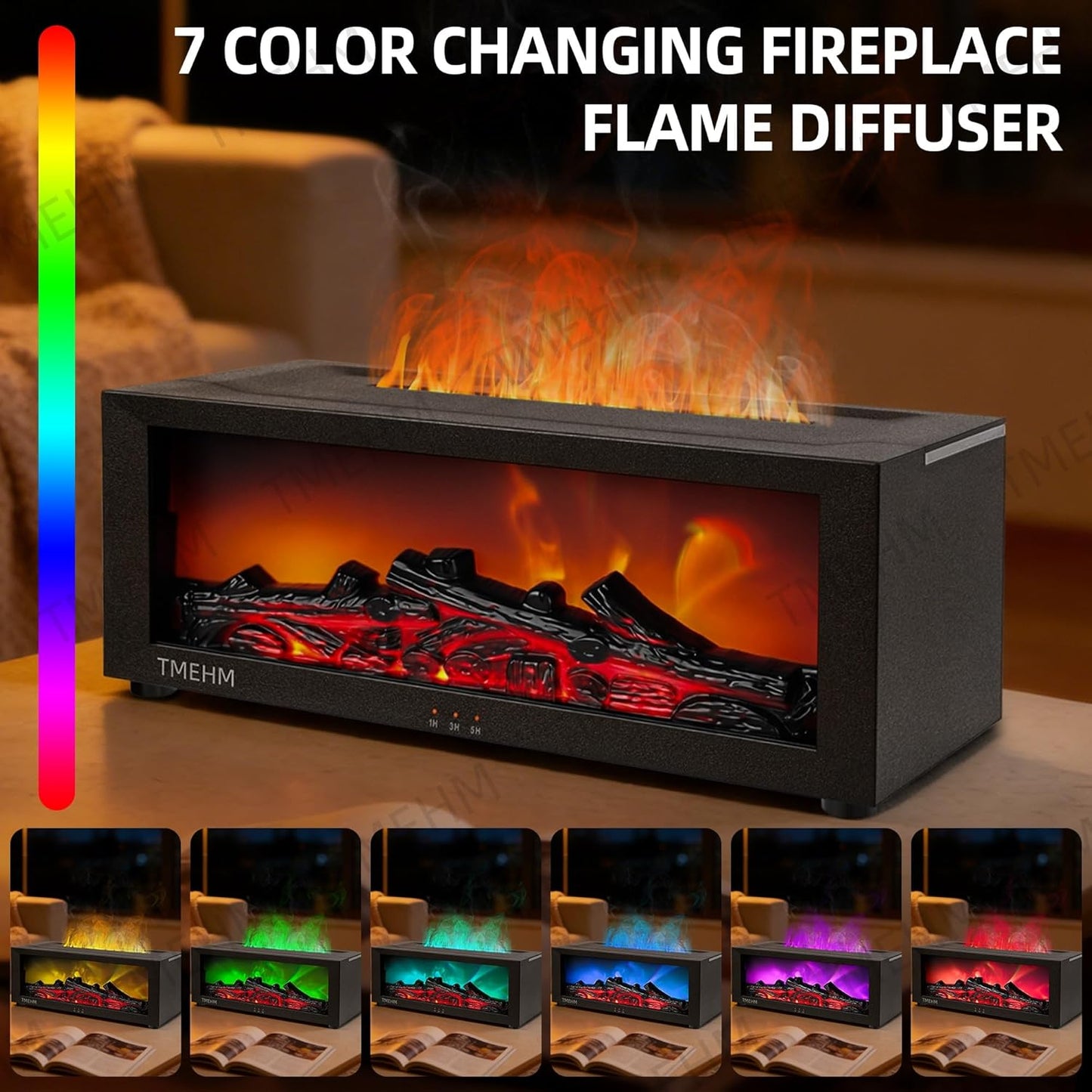 Fireplace Flame Air Diffuser Humidifier,7 Colors Aromatherapy Essential Oil Diffuser,Ultrasonic Aroma Humidifier with Timer for Home,Bedroom,Office,Yoga (Black, L)