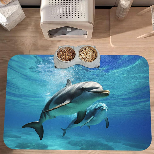 Pet Feeding Mat Leather Dog Food Mat Waterproof Pet Tablecloth Marine Dolphin Pet Placemat for Dogs Absorbent Dog Bowl Mat Anti-Slip Dogs Mats for Food and Water
