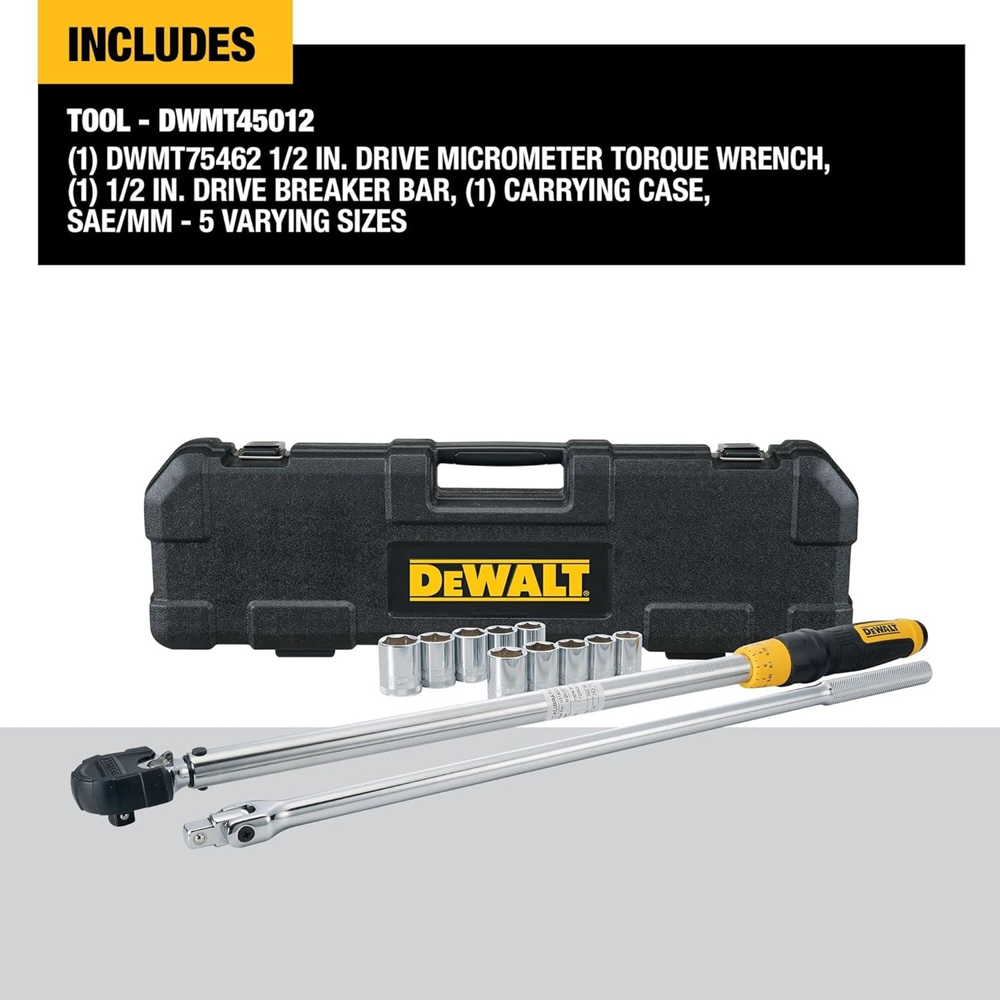 DEWALT Torque Wrench Tool Set, Tire Change Kit, 50-250 FT-LB, 12 Piece with Storage Case (DWMT45012)