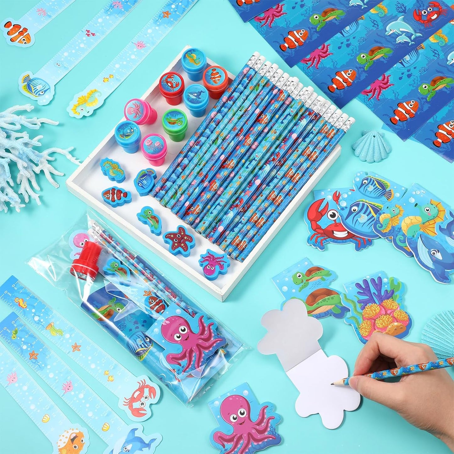 PerKoop 168 Pcs Under The Sea Stationery Ocean Themed Goodie Bag Stuffers Party Supplies with Mini Ocean Notebook Pencil Sticker Stationery Gift Set for Sea Animals Prizes Rewards Piñata Fillers