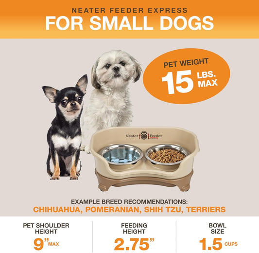 Neater Feeder Express Mess Proof Dog Bowls Elevated for Small Breeds under 15 Lb, Made in USA, No Spill Raised Dog Food Bowl Stand, Stainless Steel Food and Water Bowl Set, Feeding Station, Cappuccino